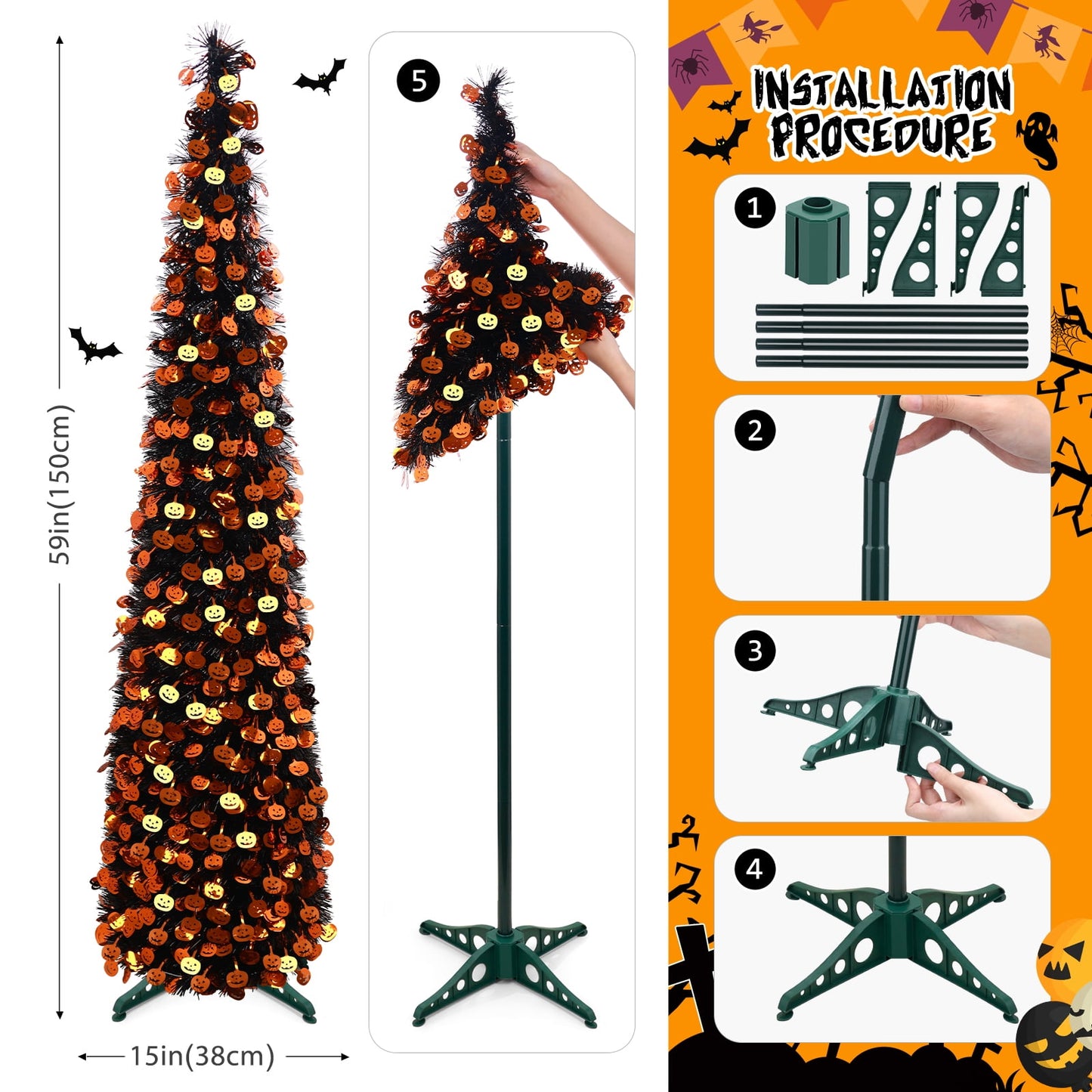 Ayieyill 5ft Halloween Tree Prelit, Pencil Pop up Tree with Light Halloween Decoration | Indoor