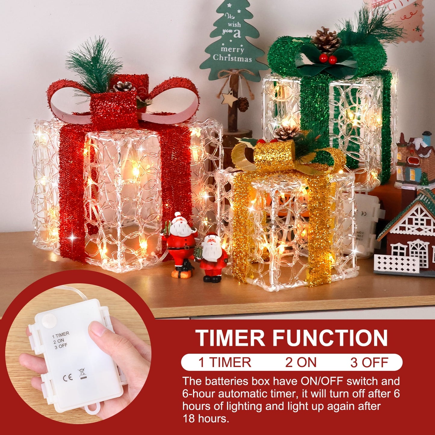 Ayieyill 3 Pcs  Christmas Lighted Gift Boxes, Light up Christmas Present Boxes, Christmas Decorations Indoor
