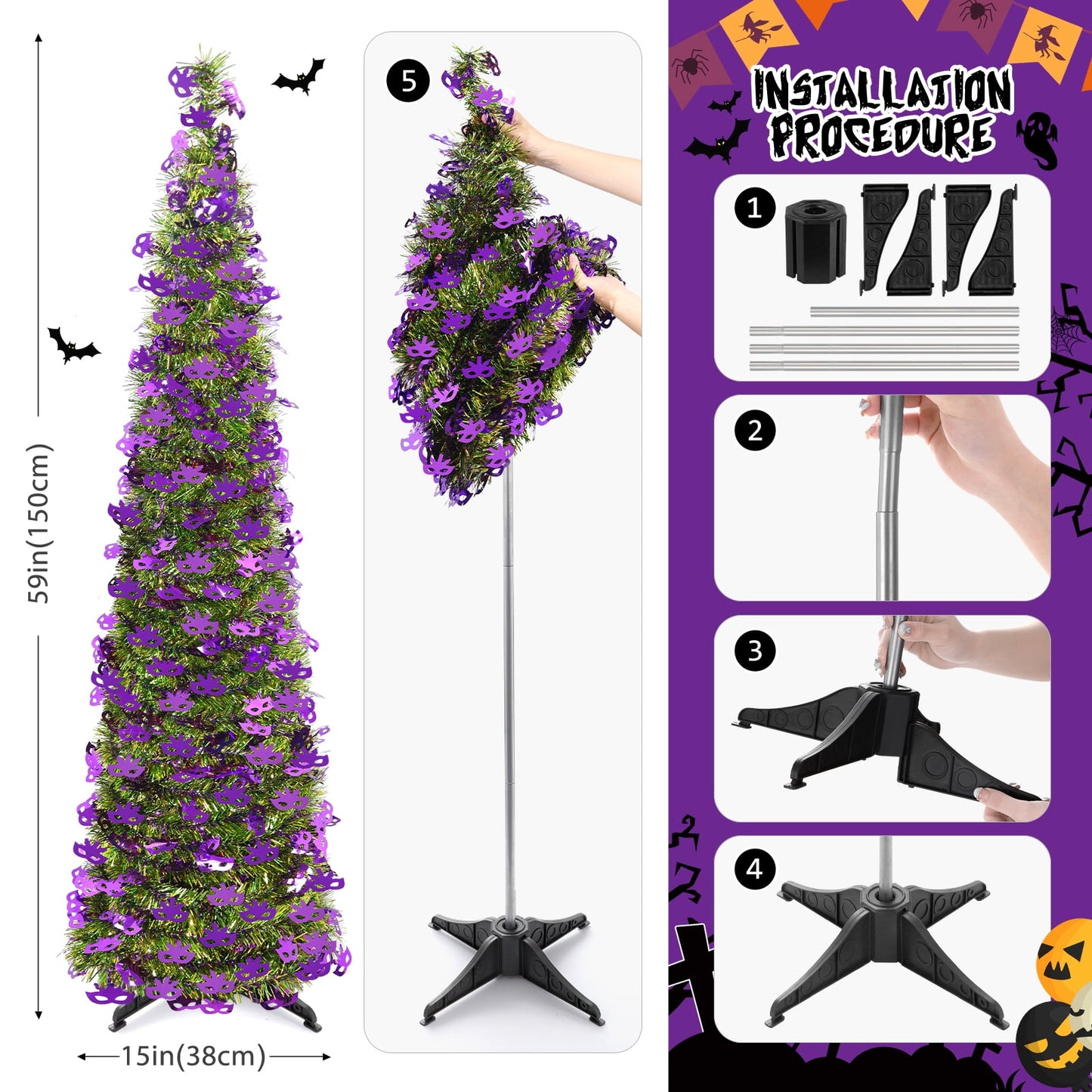 Ayieyill 5ft Halloween Tree Prelit, Pencil Pop up Tree with Light Halloween Decoration | Indoor