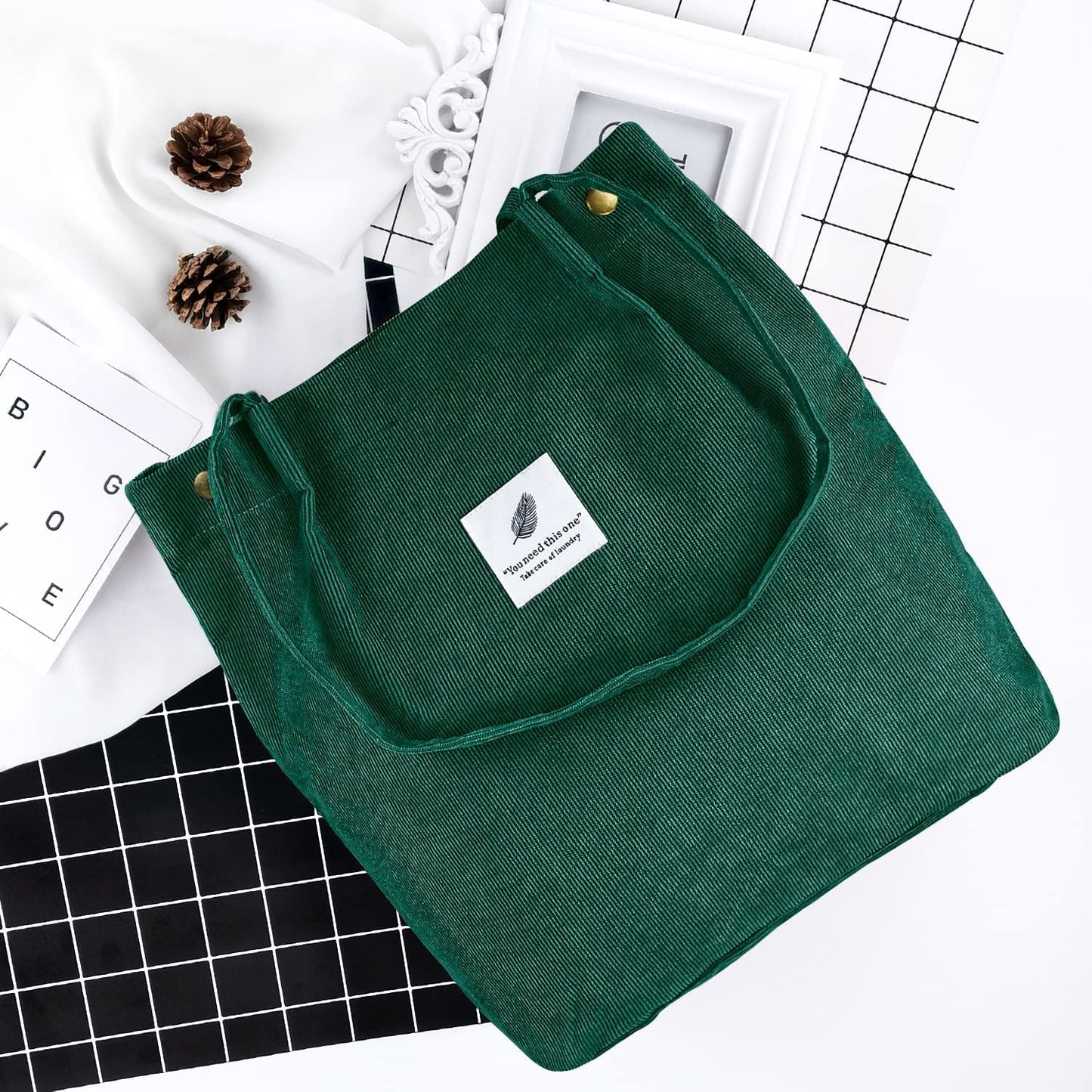 Ayieyill Corduroy Tote Bag Large for Women Girl Lady Canvas Shoulder Cord Purse and Handbags with Inner Pocket