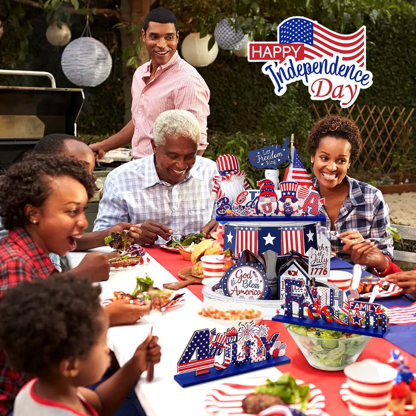 Ayieyill 4th of July Decor Table Decoration, 4 Pcs Wooden Independence Day Party Decor Fourth of July Decorations Patriotic Decorations for House School Classroom