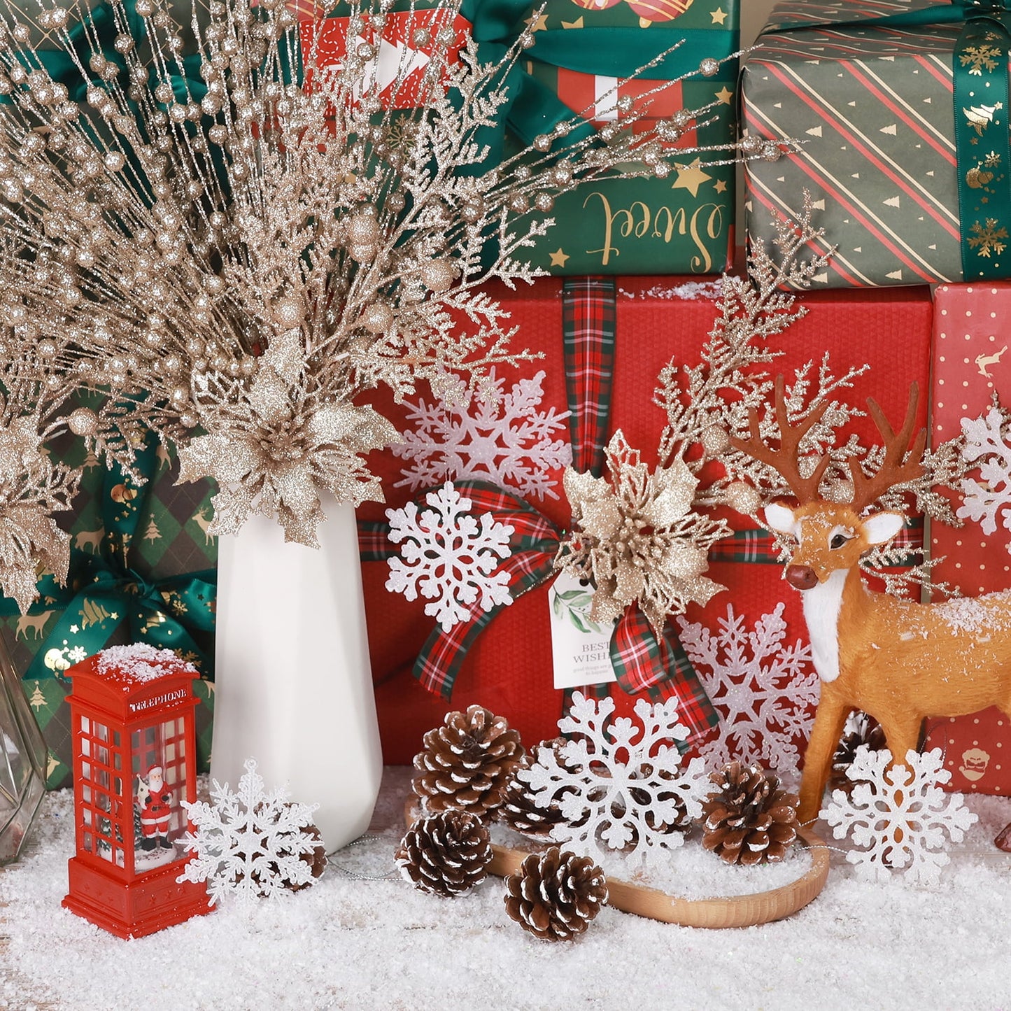 Ayieyill 84Pcs Christmas Tree Decorations Flowers, Artificial Glitter Berry Stems Christmas Pine Cones, Snowflake Icicle Drop Crystal Ornaments