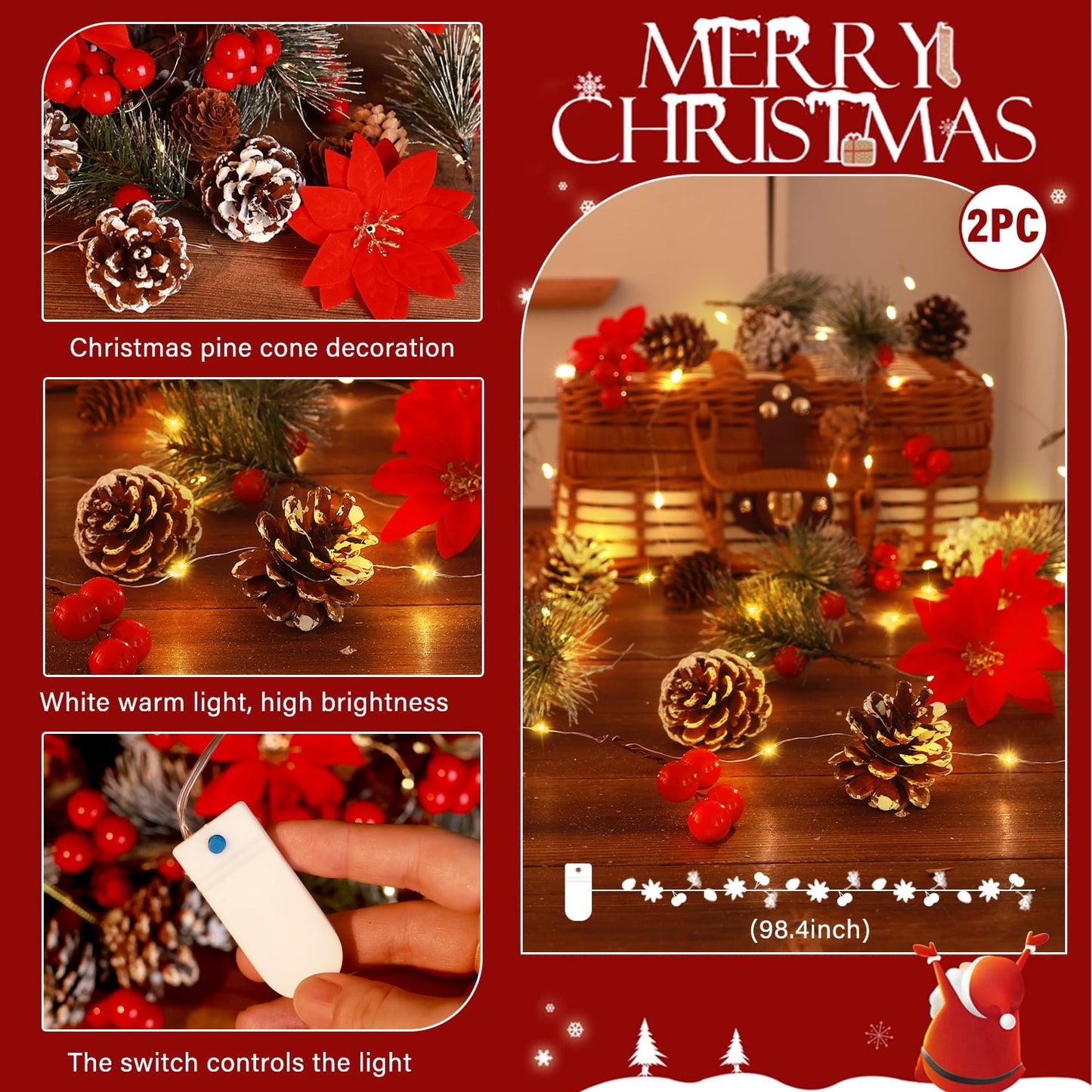 Ayieyill Christmas Garland with Lights, 8.2FT LED Christmas Garland String Lights for Christmas Decorations
