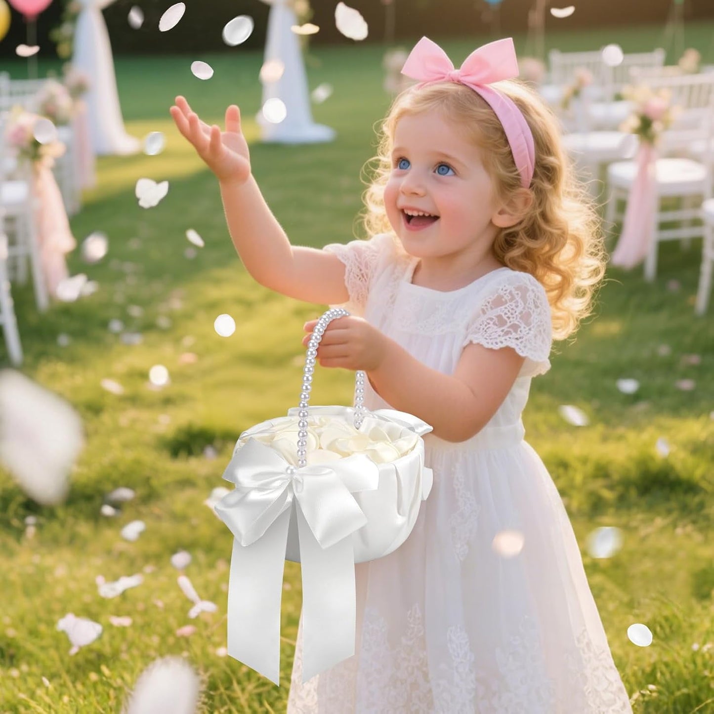 Ayieyill Wedding Baskets for Flower Girls with Pearl Handle Flower Girl Basket for Wedding Party (with 200 Petals)