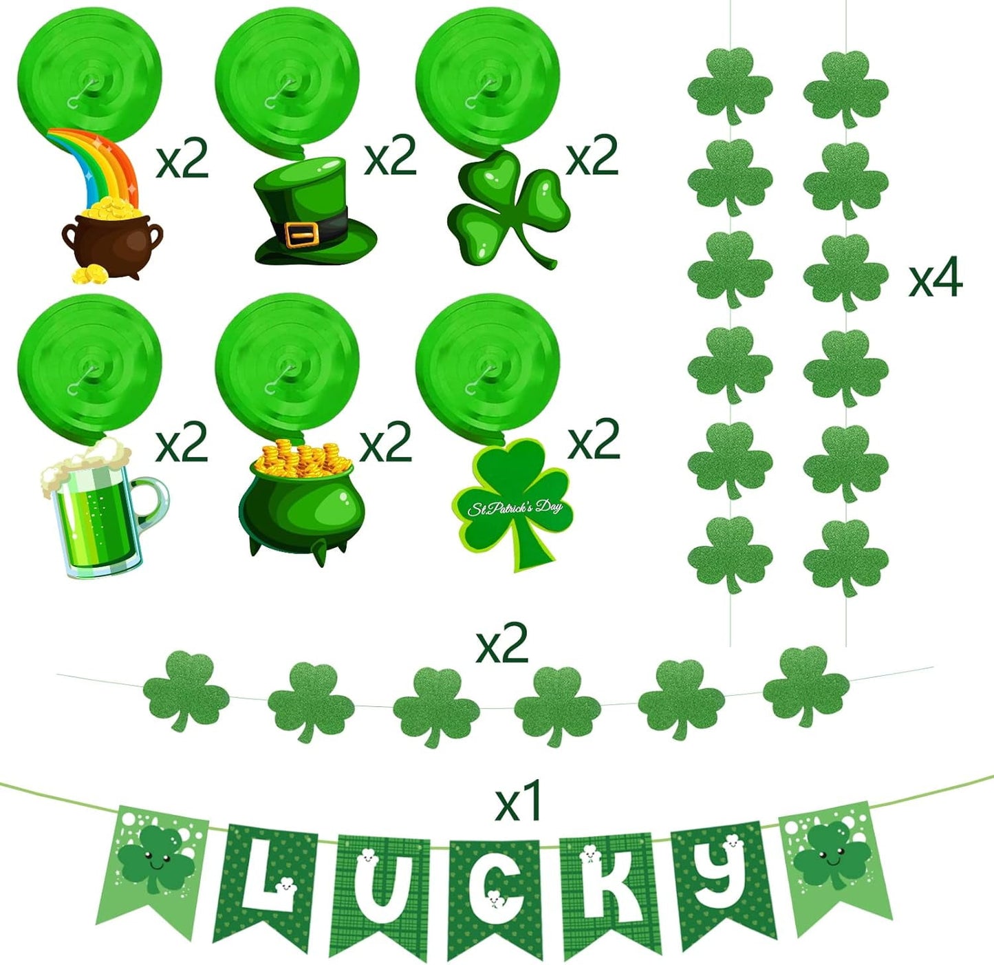 Ayieyill 21Pcs St Patricks Day Decorations Pre-assembled Shamrock LUCKY Banner Garlands Clover Hanging Swirls Irish Decor