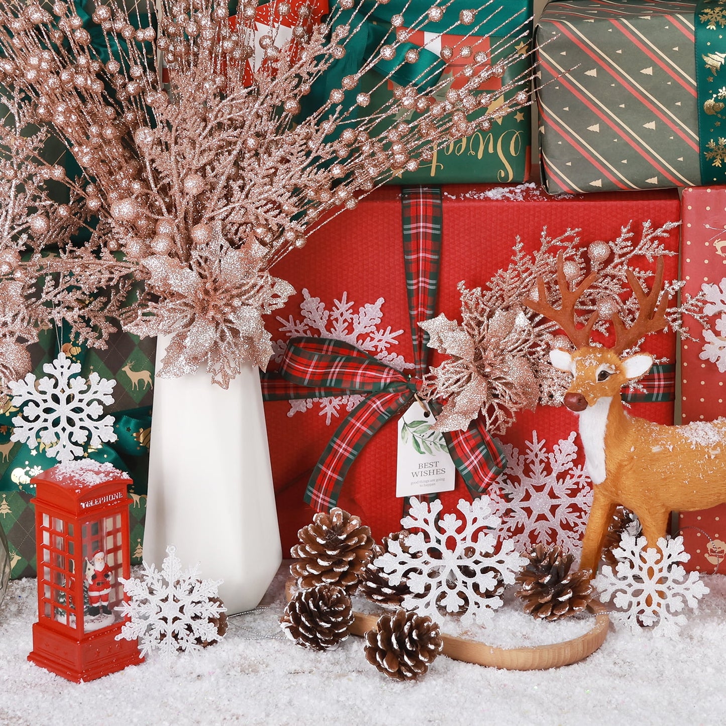 Ayieyill 84Pcs Christmas Tree Decorations Flowers, Artificial Glitter Berry Stems Christmas Pine Cones, Snowflake Icicle Drop Crystal Ornaments