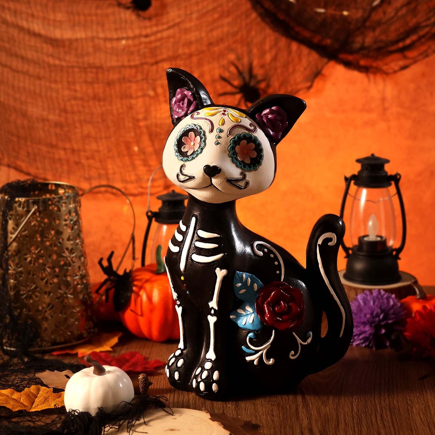 Ayieyill Day of the Dead Cat Figurine, Sugar Skull Halloween Decorations Indoor, Dia de los Muertos Decor