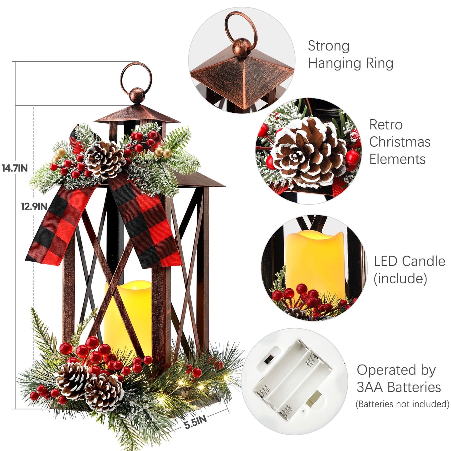 Ayieyill 15" Tall Christmas Lanterns Indoor Outdoor with LED and Ribbon, Hanging Christmas Decortions Candle Lanterns | Bronze