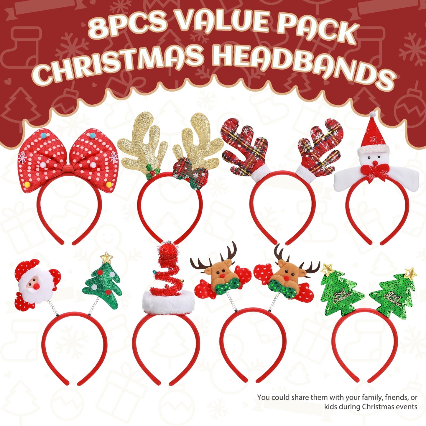 Ayieyill Christmas Headbands 8pcs Holiday Headbands Christmas Hair Accessories Christmas Decorations