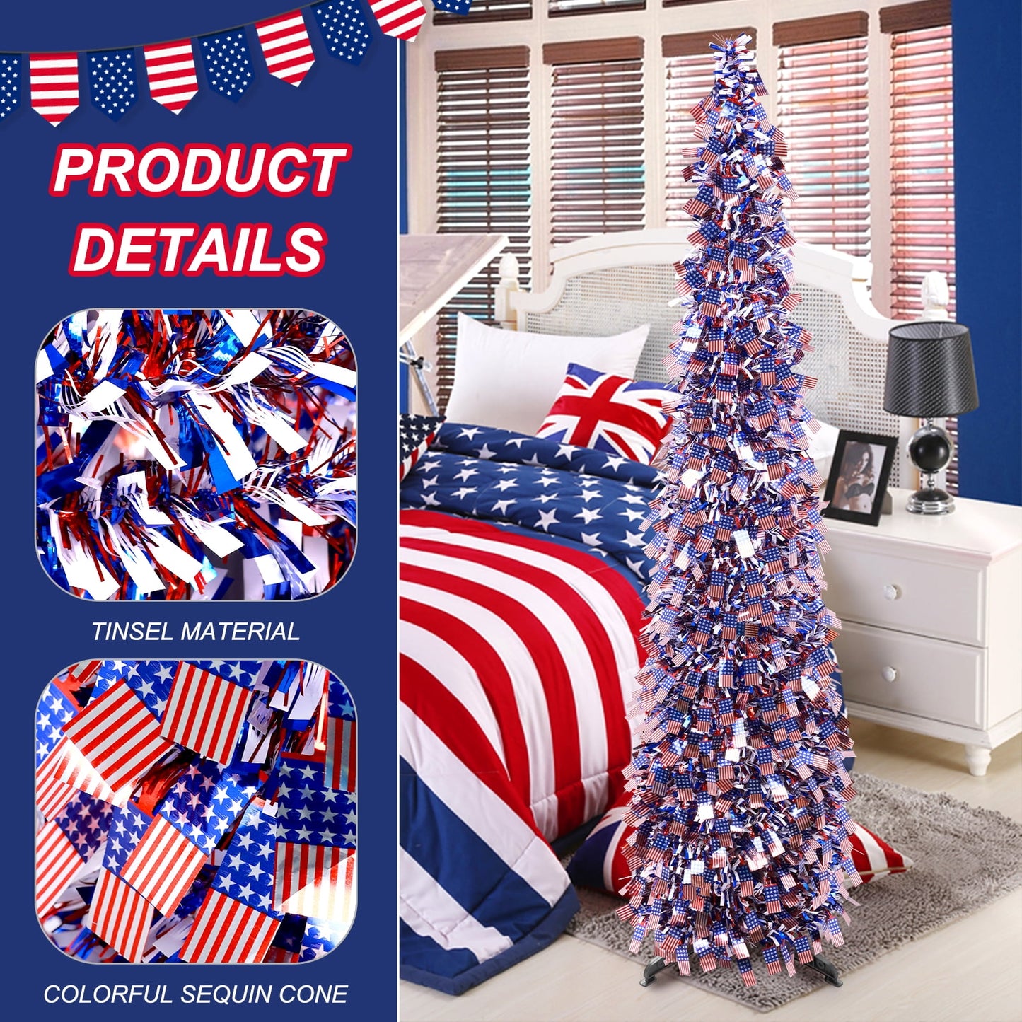Ayieyill 4th of July Decor Patriotic Decorations, 5ft Pop up Tree Patriotic American Tree, Fourth of July Decorations Party Supplies(Red White and Blue )