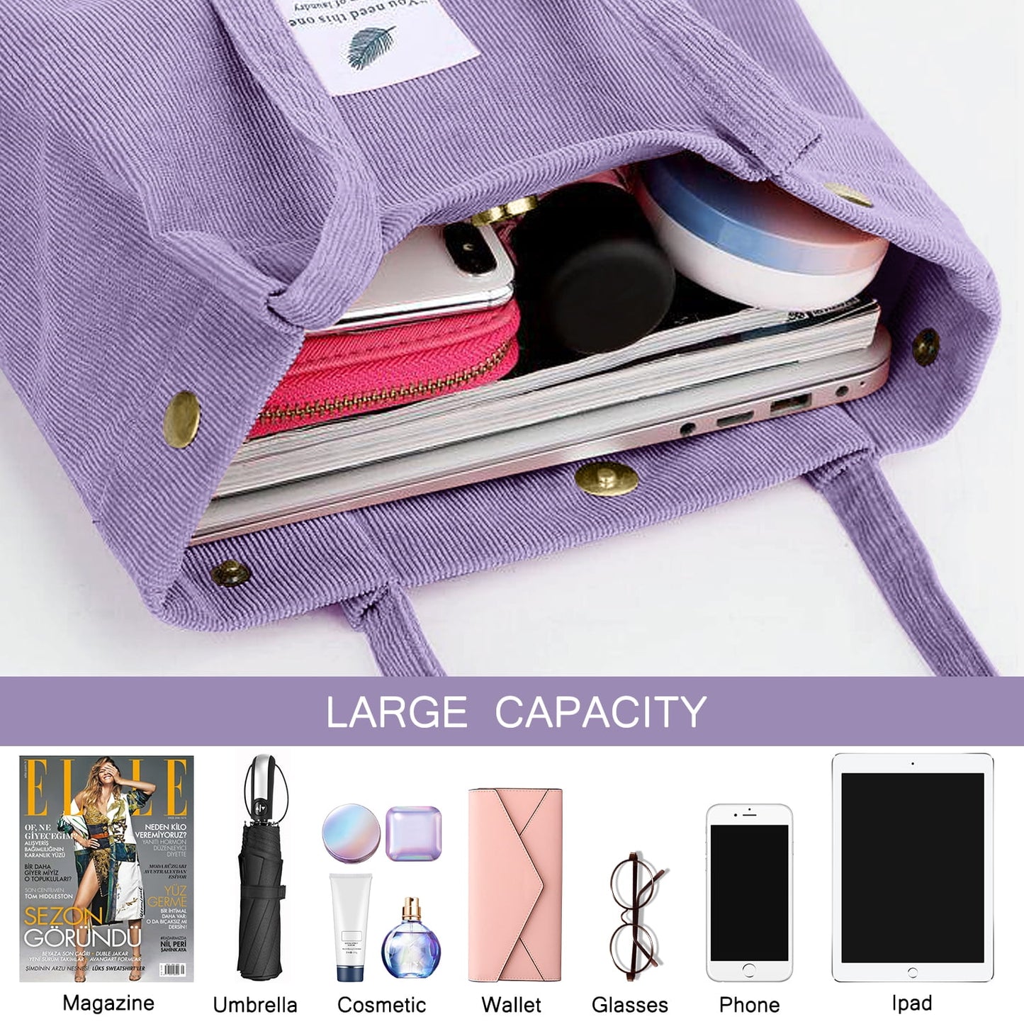 Ayieyill Corduroy Tote Bag Large for Women Girl Lady Canvas Shoulder Cord Purse and Handbags with Inner Pocket