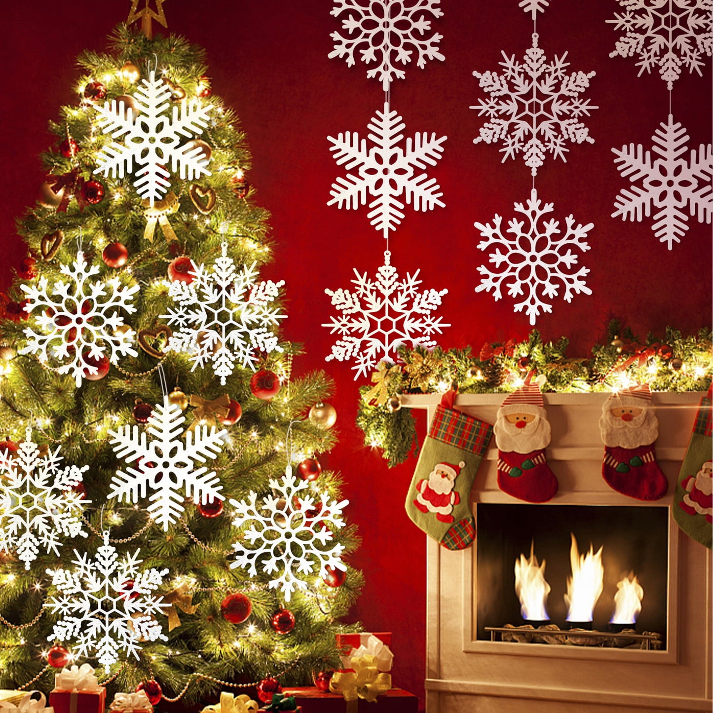 Ayieyill 6pcs Large White Snowflakes Decorations, 12” Big Plastic Glitter Snowflake for Winter Indoor Outdoor Christmas Tree Decorations Giant Craft Snowflakes