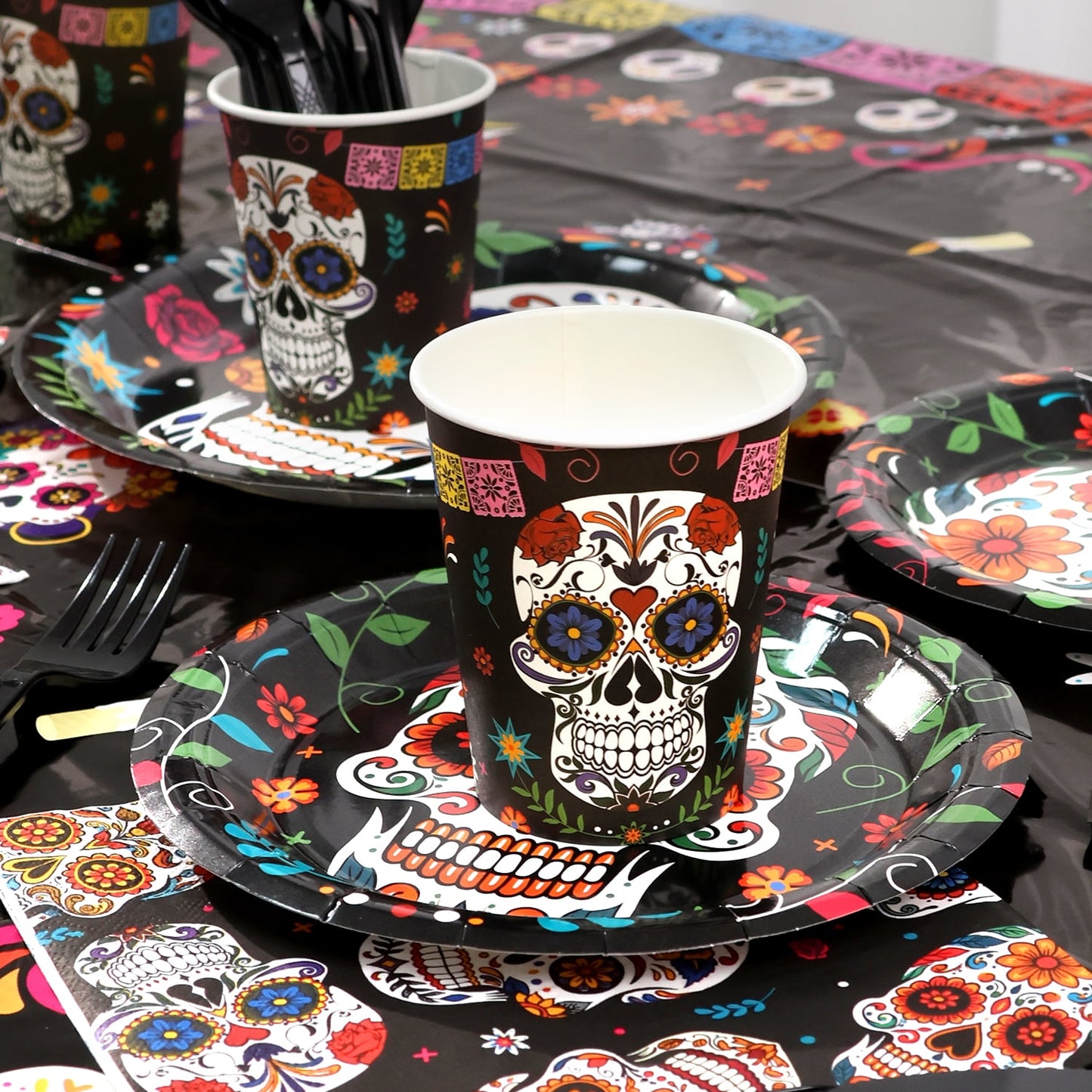 Ayieyill 170Pcs Day of the Dead Party Decorations Kit, Dia de los Party Supplies Set for 24 Guests, Includes Plates and Cups and Napkins Straws Sets