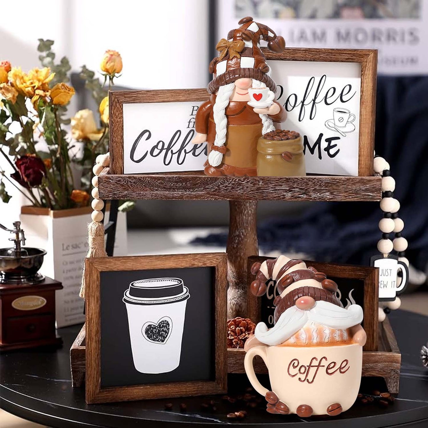 Ayieyill 2 Pack Coffee Gnomes, Coffee Bar Decor Accessories, Christmas Resin Gnome Figurines Tiered Tray Collectible Tabletop Kitchen Decorations