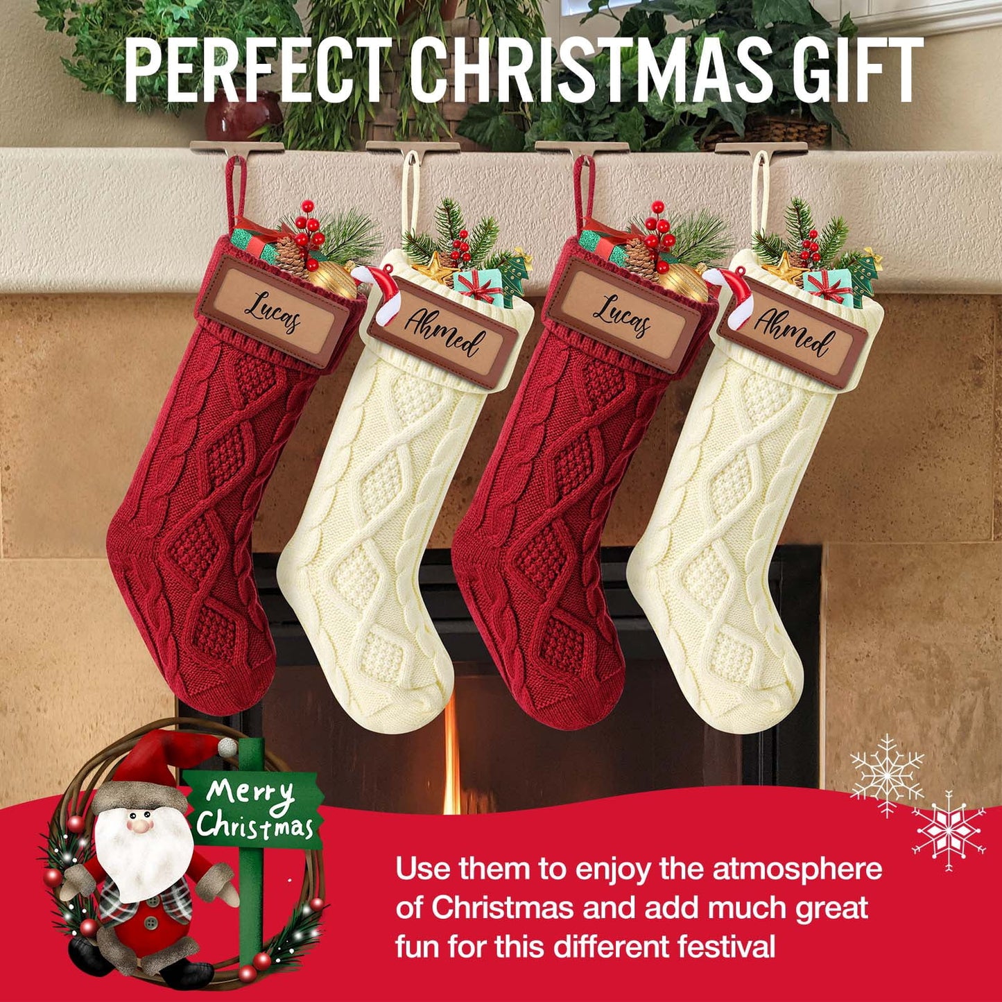 Ayieyill 6Pack Christmas Stockings, 18" Large Knitted Stocking Personalized Xmas Hanging Stocking Decorations with Name Leather Patches for Holiday Christmas Party Family Decor
