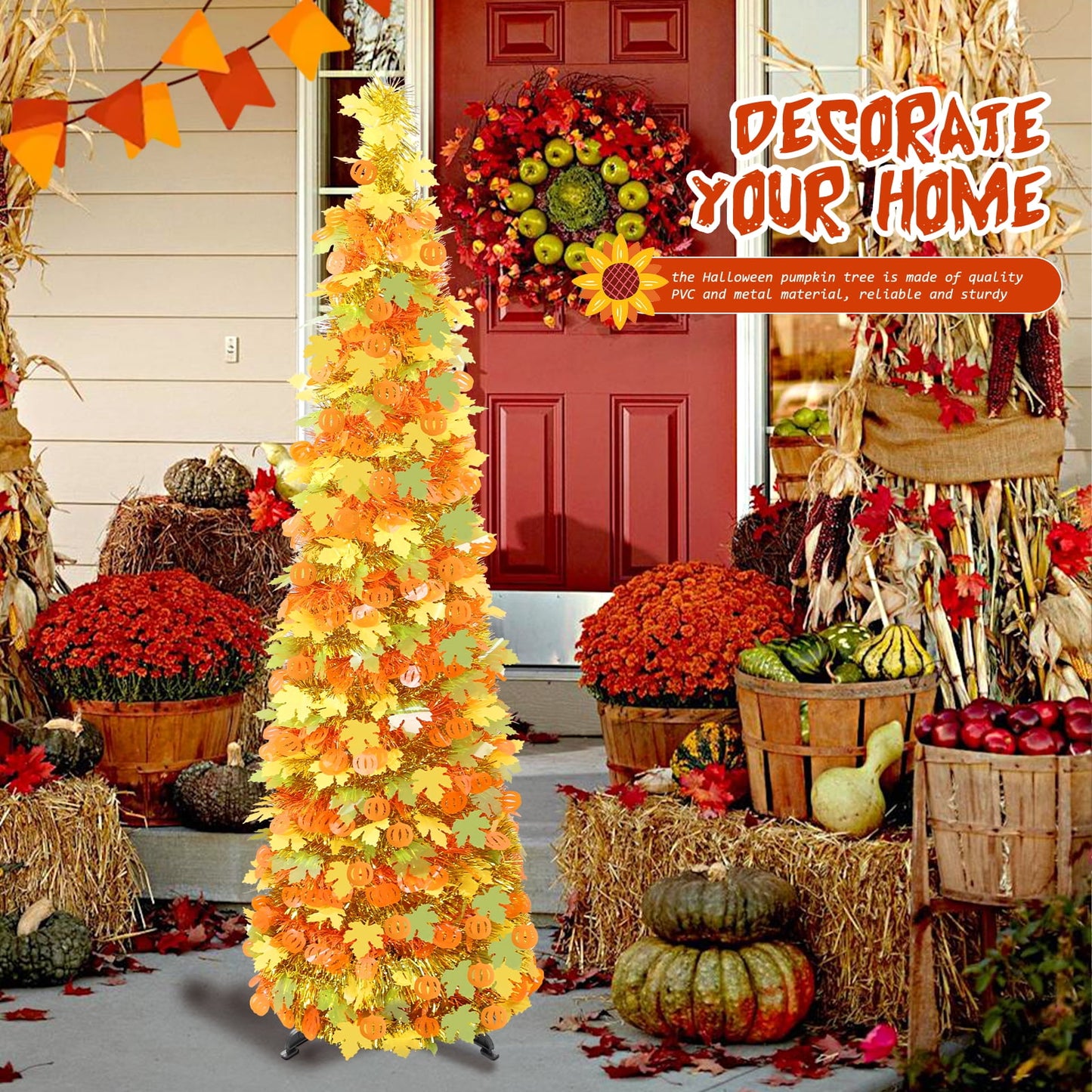 Ayieyill 5Ft Fall Tree Pop up Pencil Tree Collapsible Maple Tree for Indoor Outdoor Thanksgiving Decorations Autumn Harvest