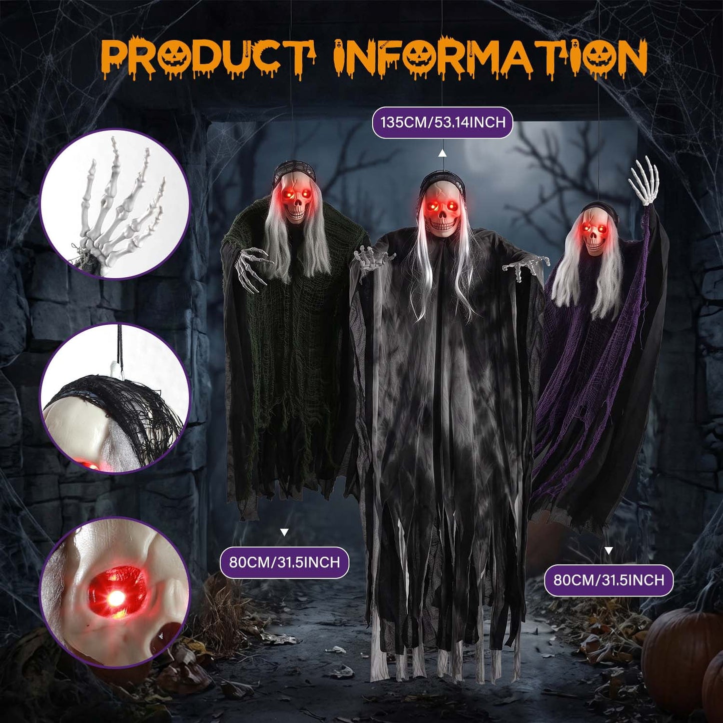 Ayieyill 3 Pack Hanging Skeleton Ghosts for Halloween Decorations Outdoor, Grim Reaper for Halloween Decor