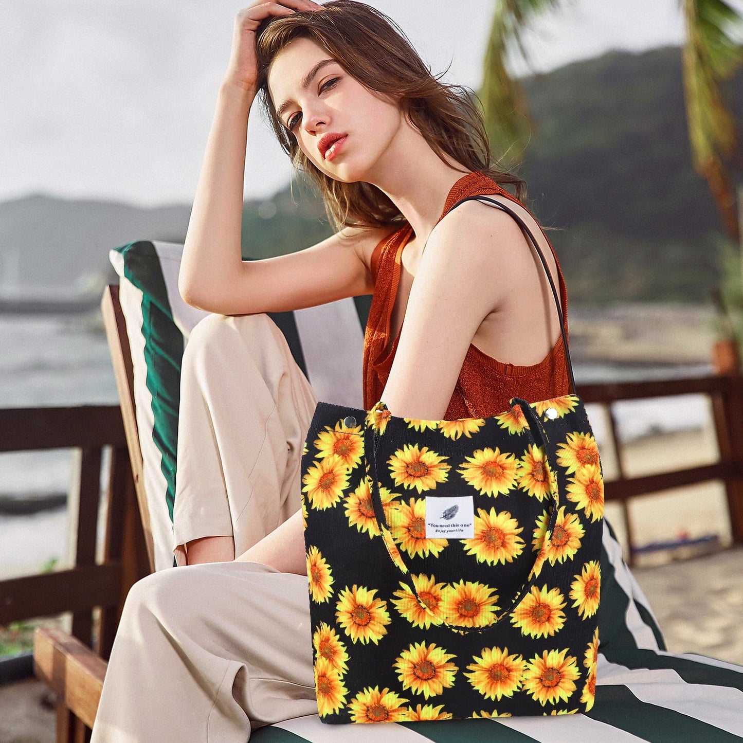 Ayieyill Corduroy Tote Bag Large for Women Girl Lady Canvas Shoulder Cord Purse and Handbags with Inner Pocket