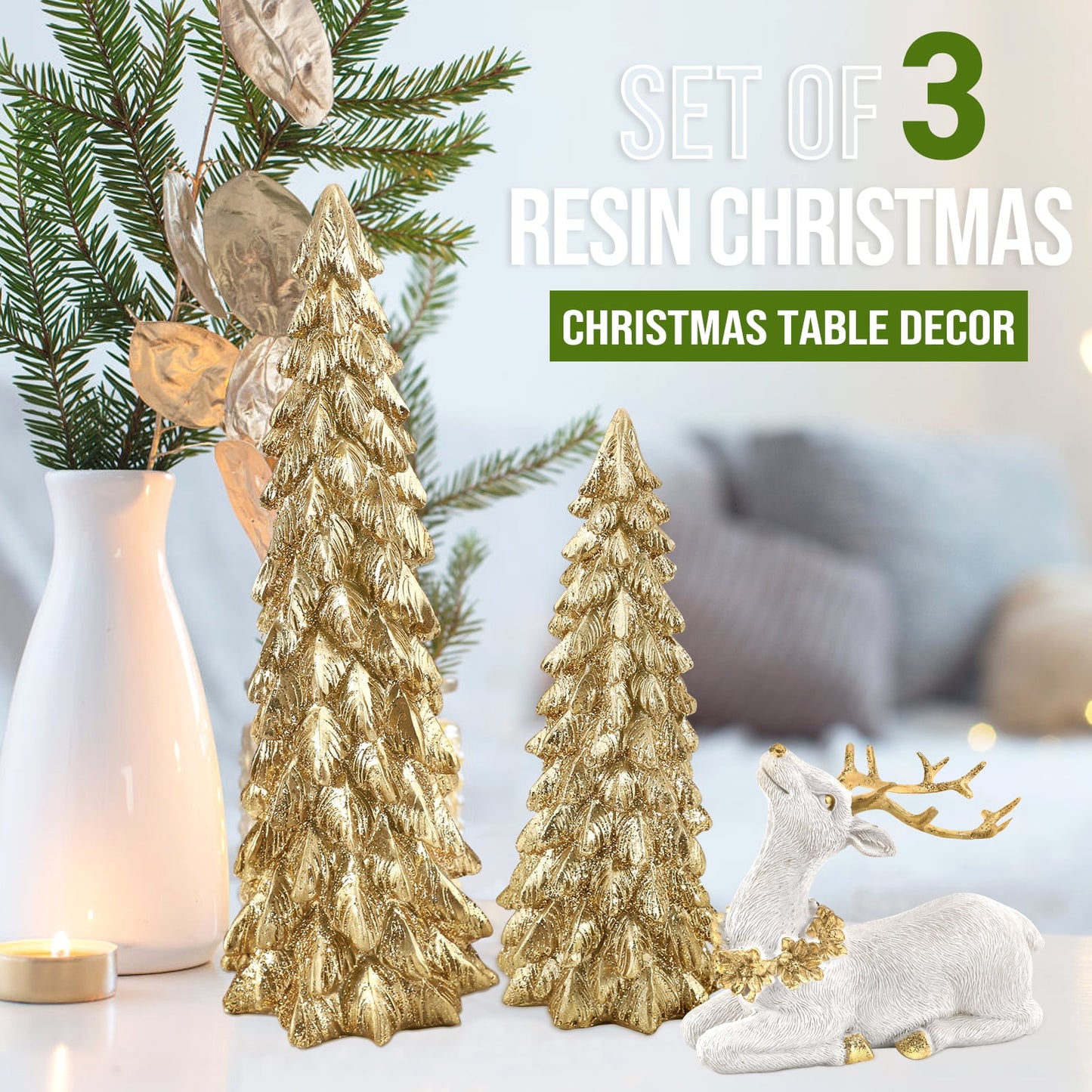 Ayieyill 3Pcs Resin Christmas Tree and Reindeer Decortion, Small Christmas Decorative Figurine Set, Christmas Tabletop Decorations Indoor