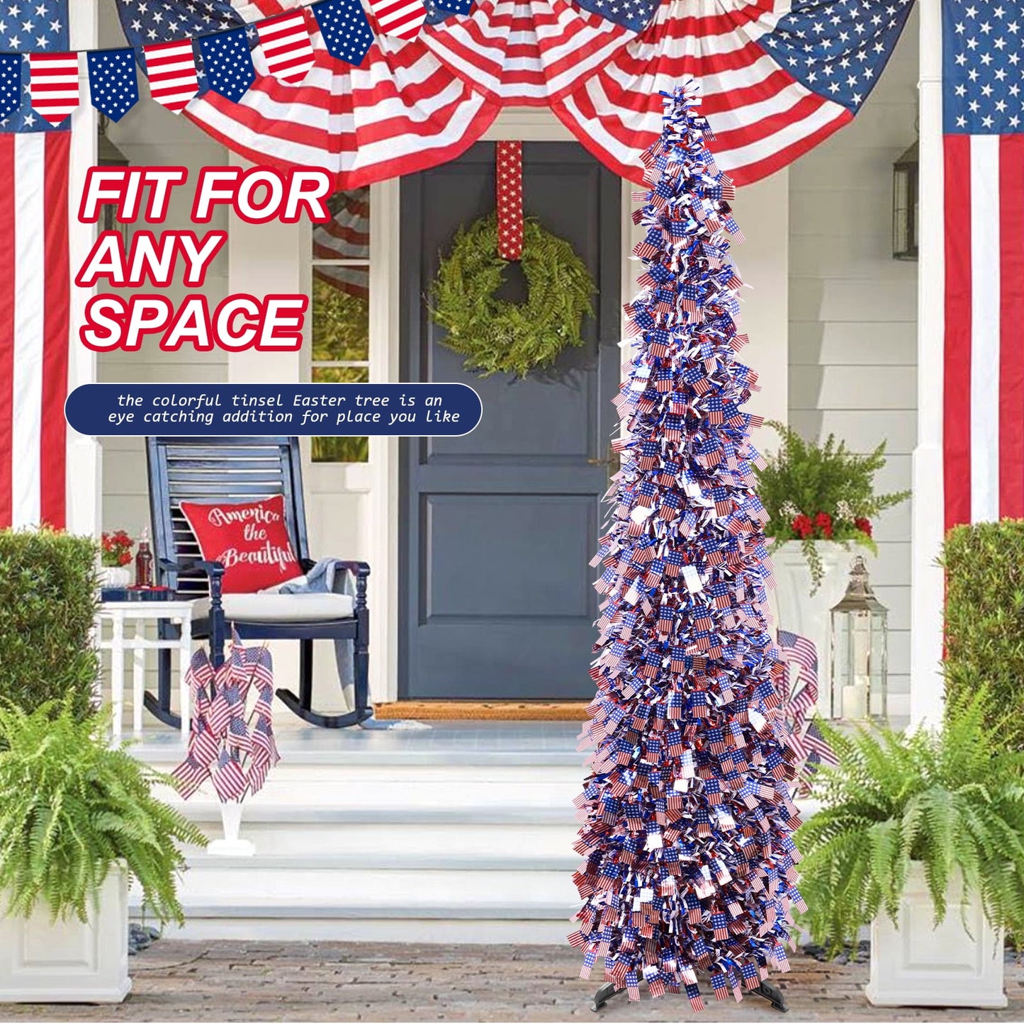 Ayieyill 4th of July Decor Patriotic Decorations, 5ft Pop up Tree Patriotic American Tree, Fourth of July Decorations Party Supplies(Red White and Blue )
