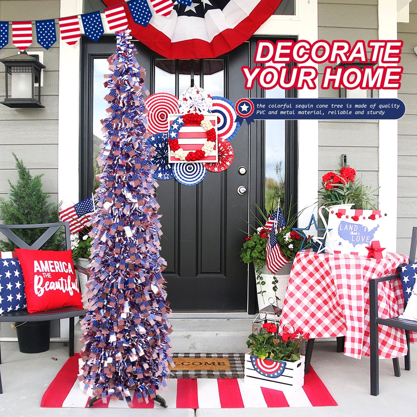 Ayieyill 4th of July Decor Patriotic Decorations, 5ft Pop up Tree Patriotic American Tree, Fourth of July Decorations Party Supplies(Red White and Blue )