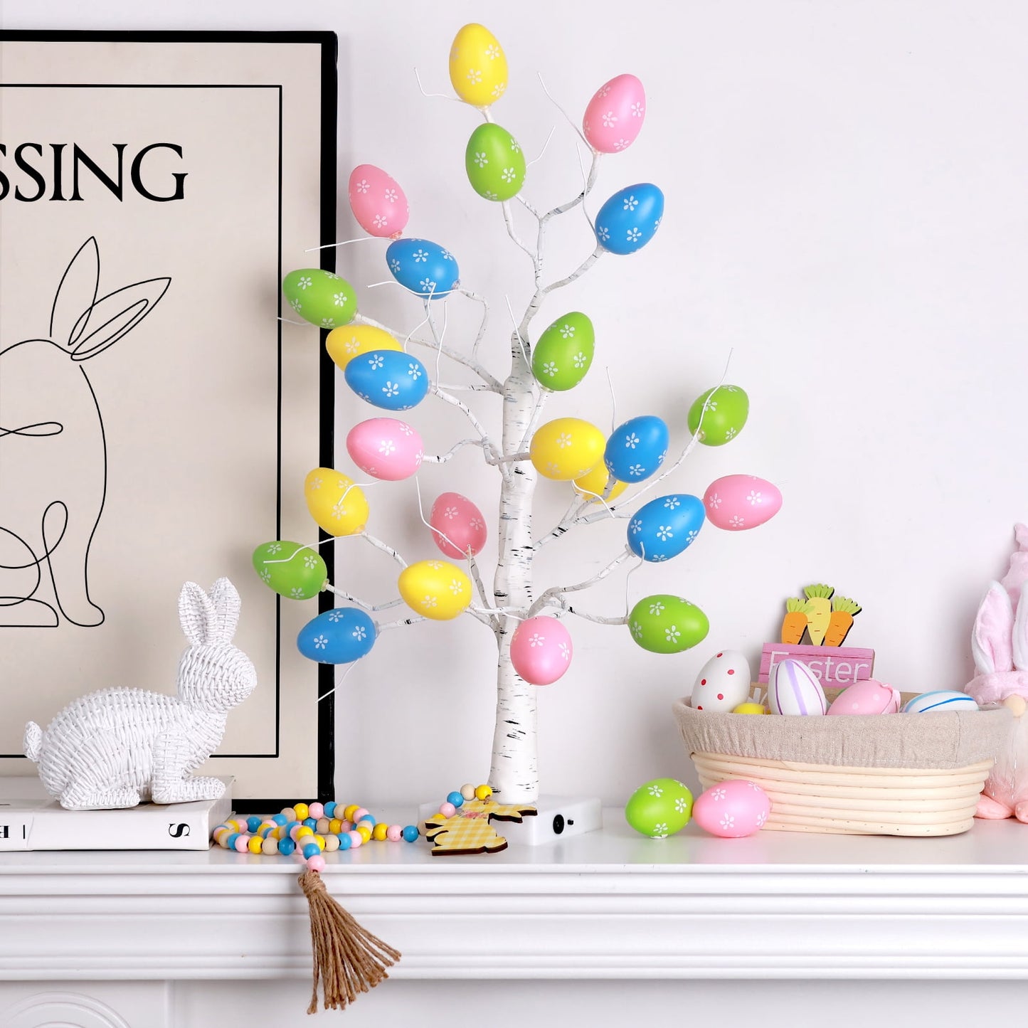 Ayieyill Lighted Easter Egg Tree Tabletop 21 inch Artificial Birch Tree Lights Include 24 Pieces Egg Ornament for Home Spring Easter Decorations