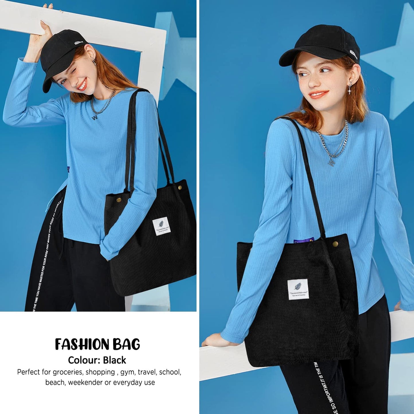 Ayieyill Corduroy Tote Bag Large for Women Girl Lady Canvas Shoulder Cord Purse and Handbags with Inner Pocket