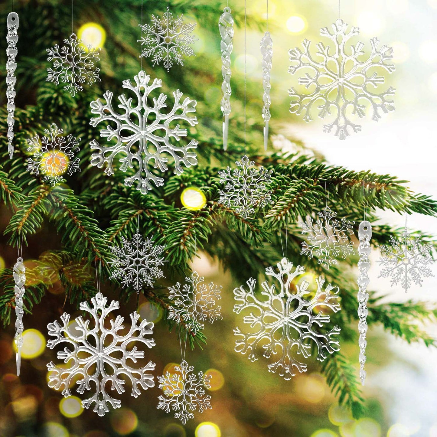 Ayieyill 24 Pieces Christmas Snowflake Drop Ornament Acrylic Icicle Christmas Hanging