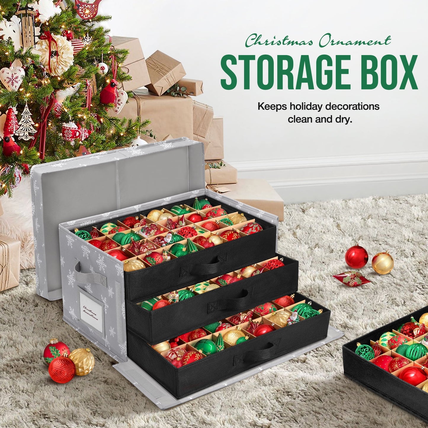 Ayieyill Premium Large Christmas Ornament Storage Box, Christmas Ornament Organizer, with Side Open, 3 Removable Trays - Keeps 72 Holiday Ornaments