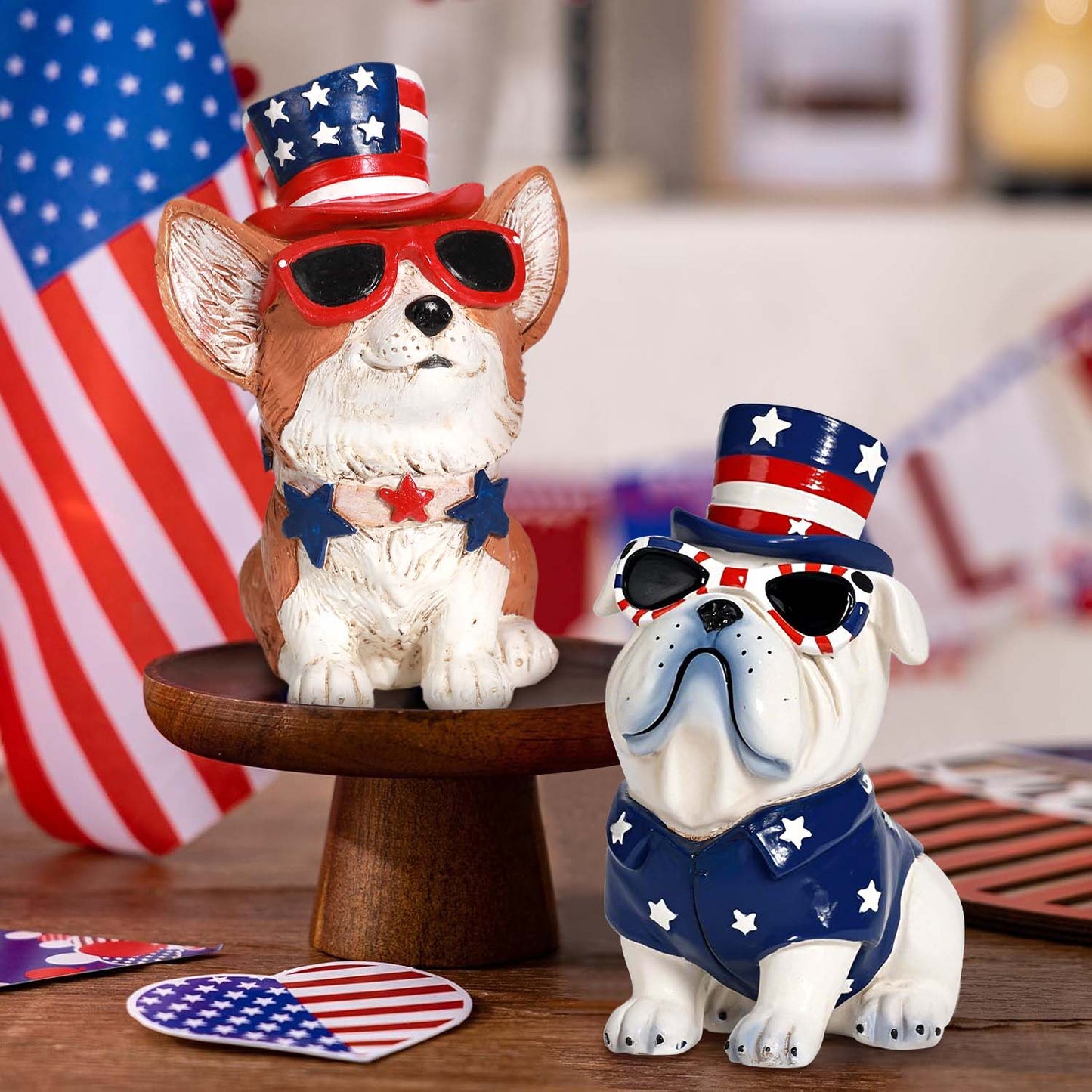 Ayieyill 3pcs 4th of July Patriotic Dog Figurines, Fourth of July Independence Day Decorations, Memorial Day Decor, White