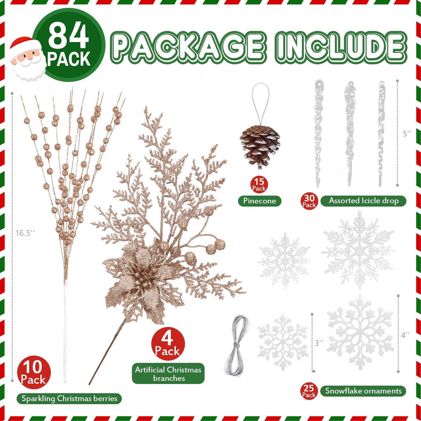 Ayieyill 84Pcs Christmas Tree Decorations Flowers, Artificial Glitter Berry Stems Christmas Pine Cones, Snowflake Icicle Drop Crystal Ornaments