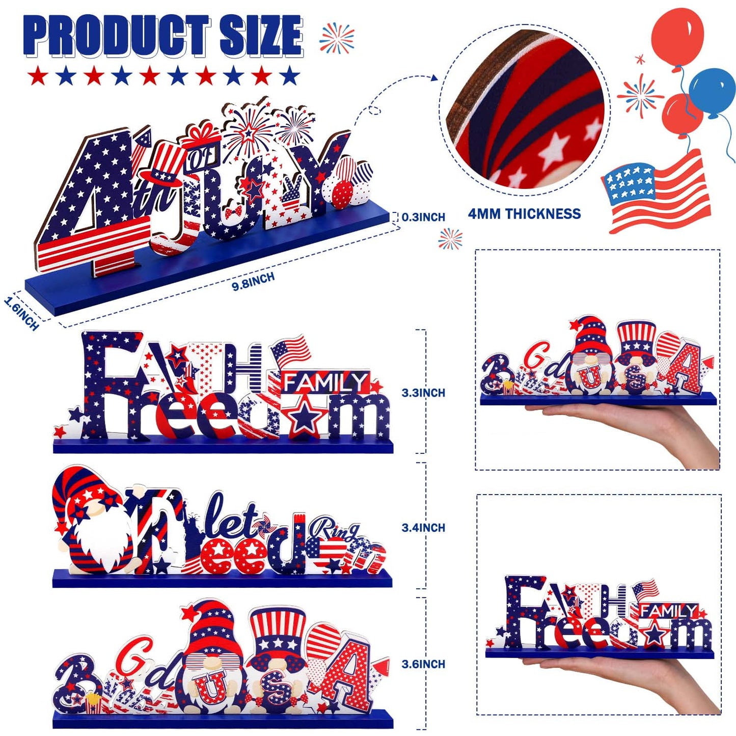Ayieyill 4th of July Decor Table Decoration, 4 Pcs Wooden Independence Day Party Decor Fourth of July Decorations Patriotic Decorations for House School Classroom