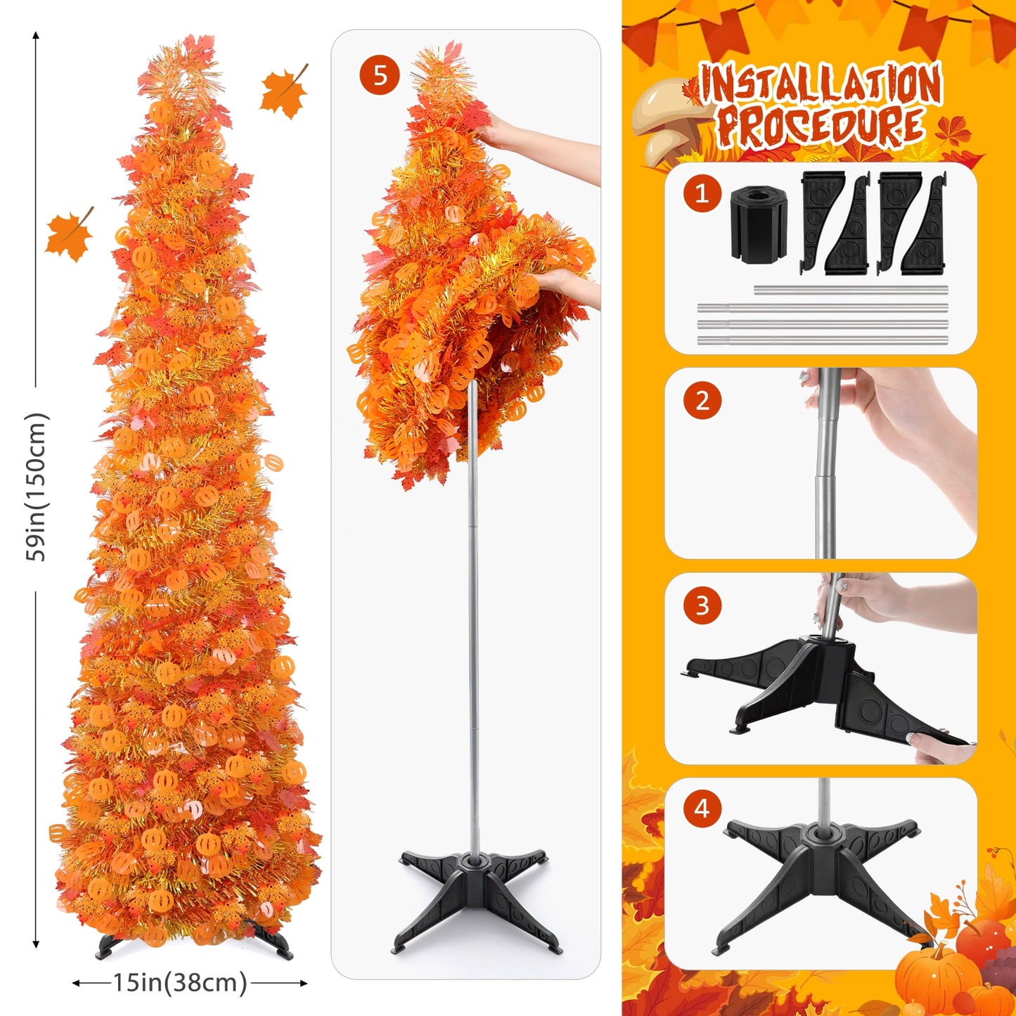 Ayieyill 5Ft Fall Tree Pop up Pencil Tree Collapsible Maple Tree for Indoor Outdoor Thanksgiving Decorations Autumn Harvest
