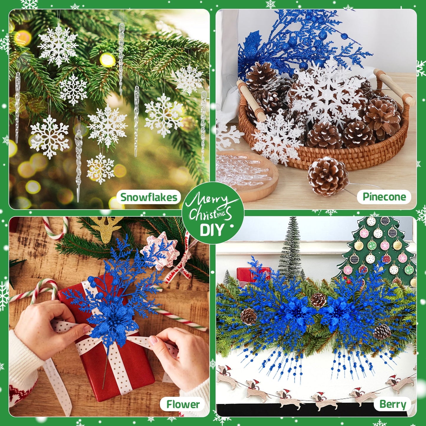 Ayieyill 84Pcs Christmas Tree Decorations Flowers, Artificial Glitter Berry Stems Christmas Pine Cones, Snowflake Icicle Drop Crystal Ornaments
