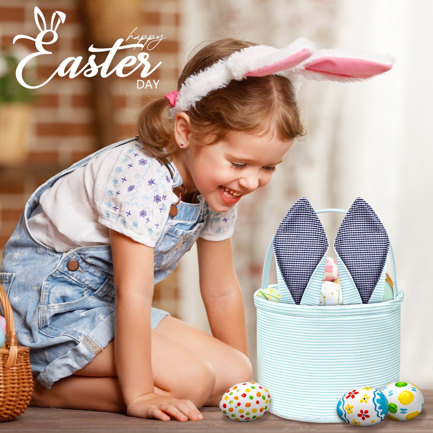 Ayieyill Easter Basket, Easter Bunny Baskets for Kids with Cute Rabbit Ears Stripe, Easter gift baskets