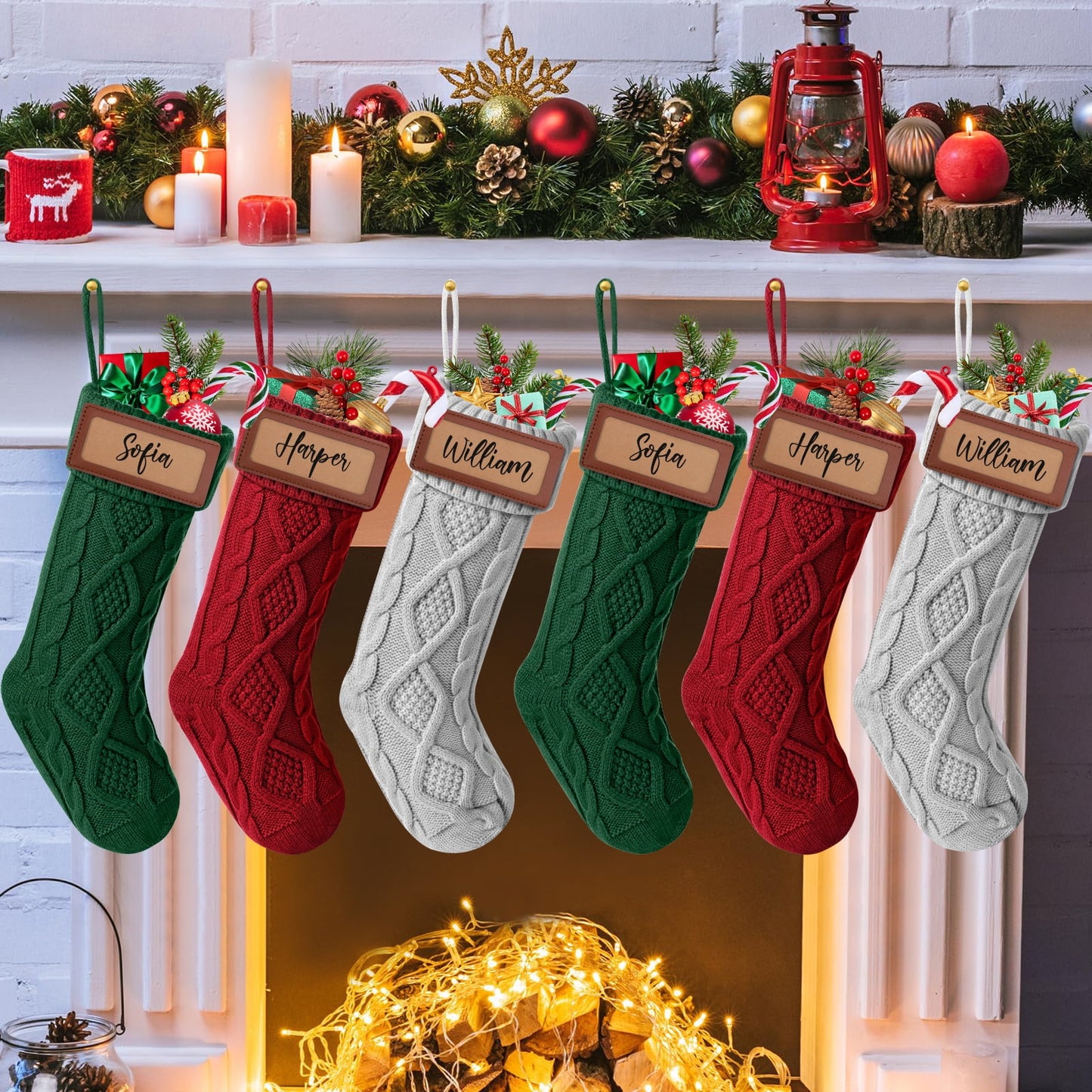 Ayieyill 6Pack Christmas Stockings, 17.7Inches Large Knitted Stocking Personalized Xmas Hanging Stocking Decorations with Name Leather Patches for Holiday Christmas Party Family Decor (Green Red)