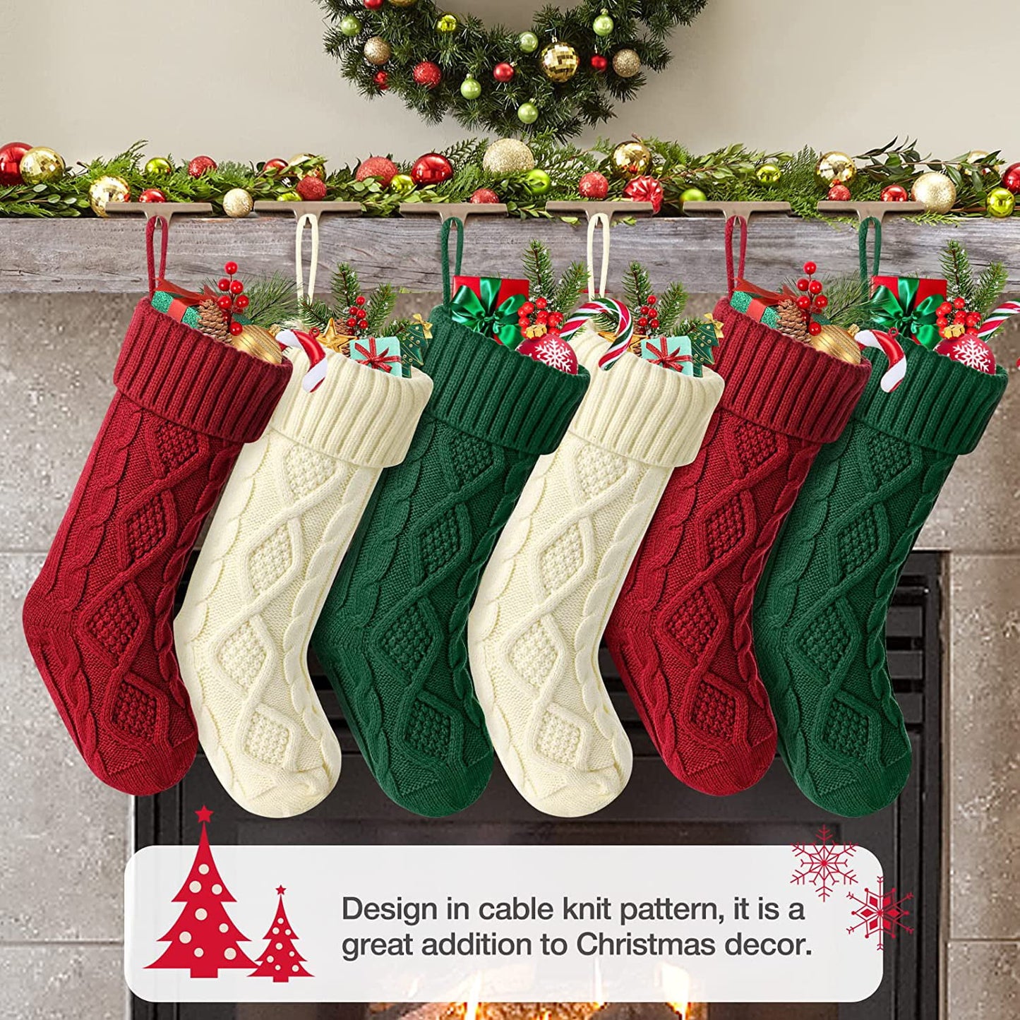 Ayieyill 6 Pcs Christmas Stockings Knitted Xmas Stockings Double-Sided 18 Inches Fireplace Stockings for Family Christmas Decorations