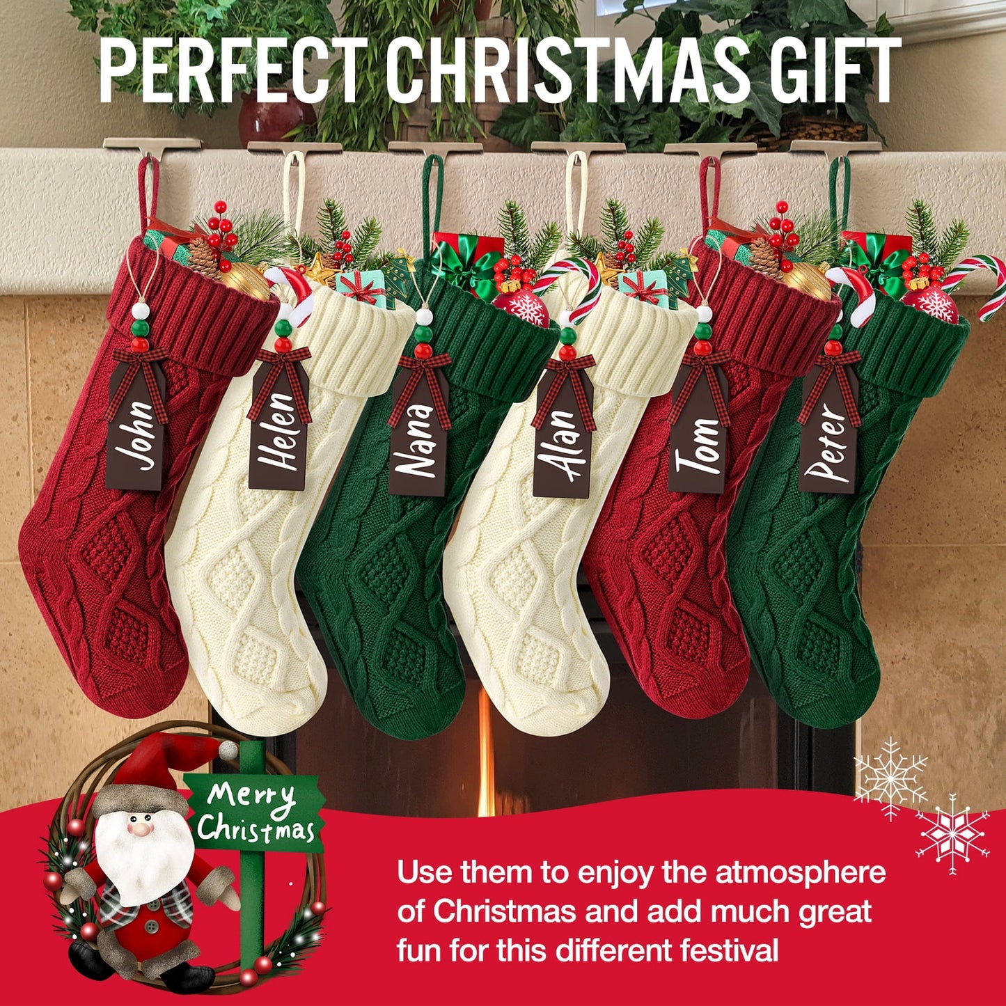 Ayieyill 6Pack Christmas Stockings, 17.7Inches Large Knitted Stocking Personalized Xmas Hanging Stocking Decorations with Name Leather Patches for Holiday Christmas Party Family Decor (Green Red)