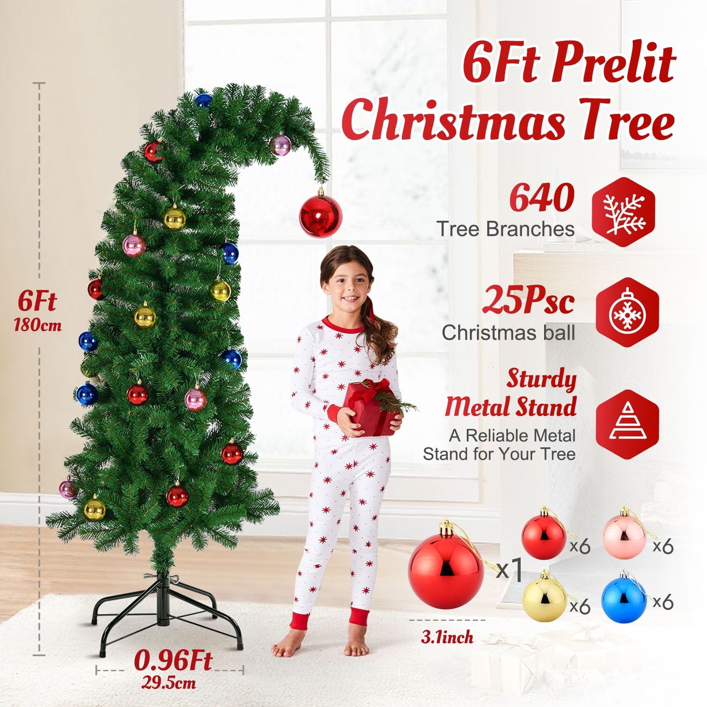 Ayieyill  Artificial Christmas Tree, Whimsical Christmas Tree with Metal Stand & Ball Ornaments