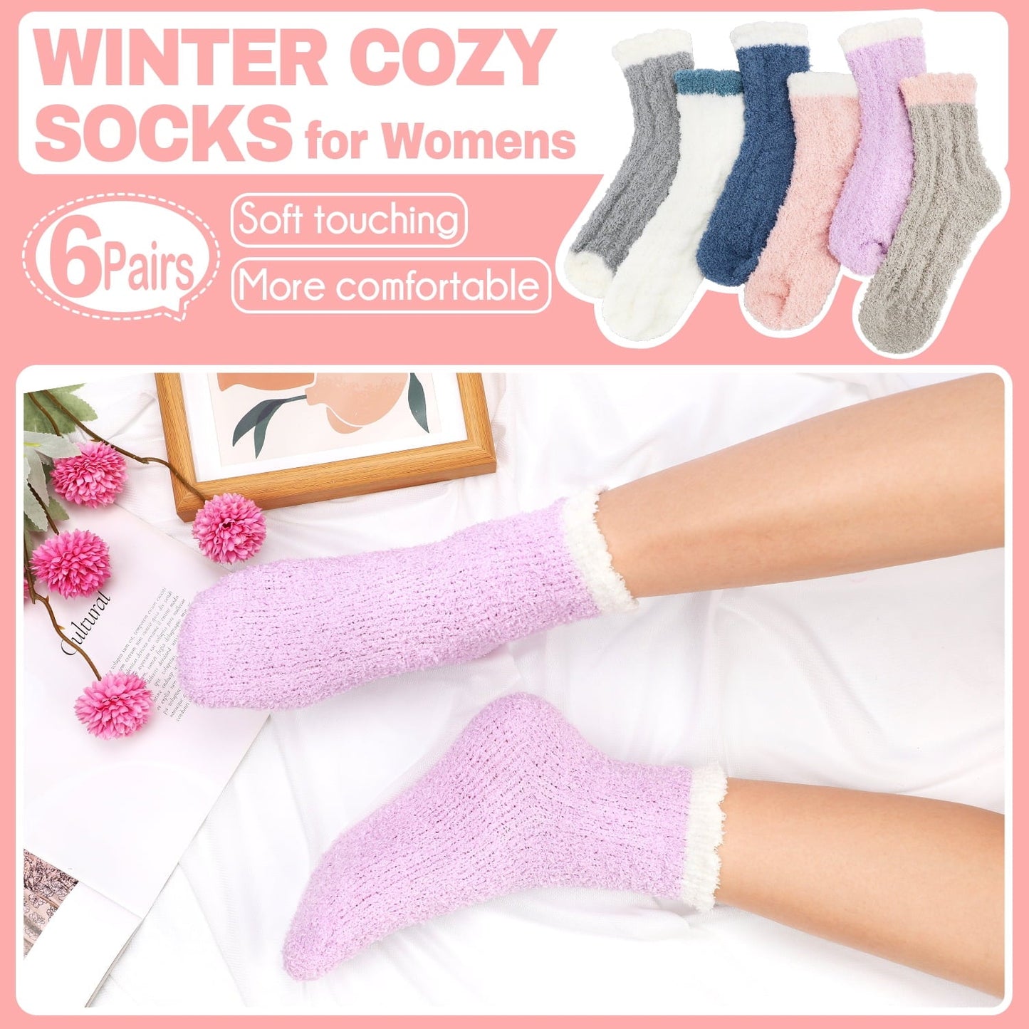 Ayieyill Fuzzy Socks for Women, 6 Pairs Plush Slipper Socks Women, Warm Soft Fluffy Socks Thick Cozy Plush Sock Winter Christmas Socks for Women