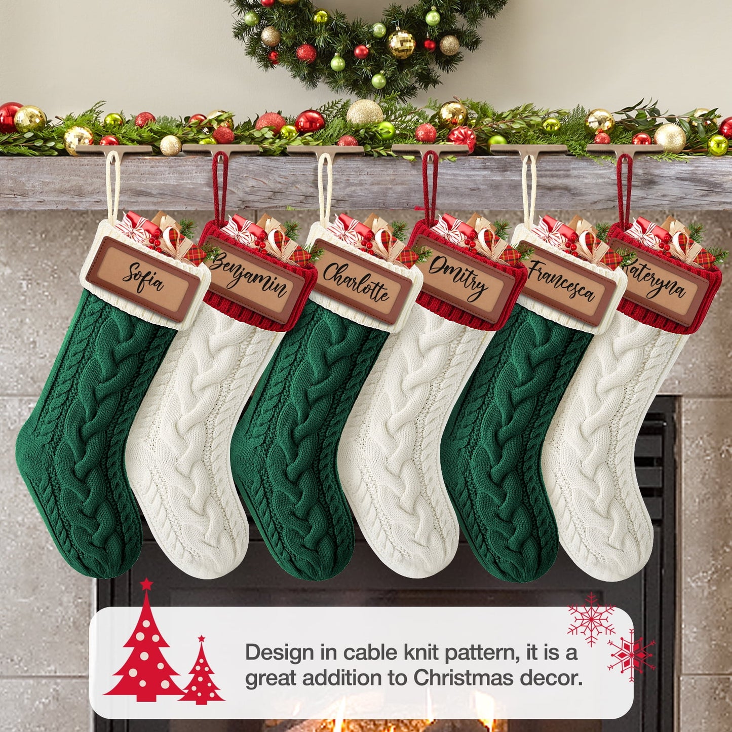 Ayieyill 6Pack Christmas Stockings, 17.7Inches Large Knitted Stocking Personalized Xmas Hanging Stocking Decorations with Name Leather Patches for Holiday Christmas Party Family Decor (Green Red)