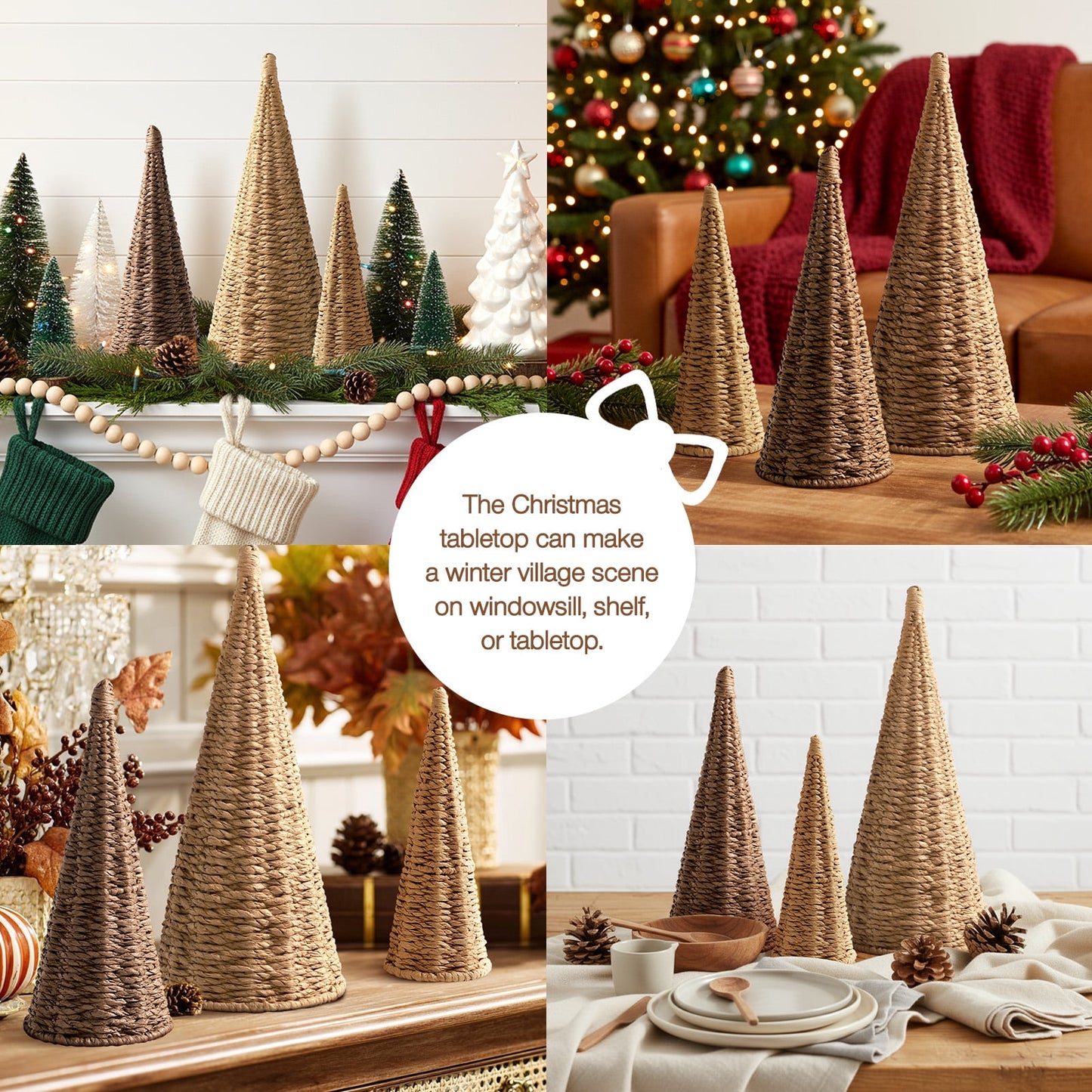 Ayieyill 3pcs Wicker Christmas Tree Tabletop Christmas Decor Farmhouse Christmas Decor Rustic Xmas Decorations, Natural
