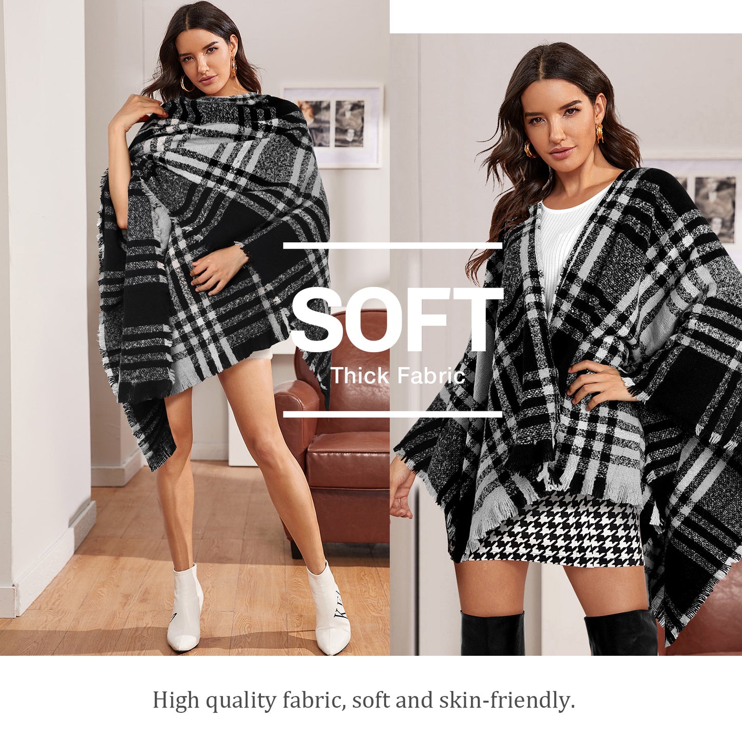 Ayieyill Shawl Wraps for Women Women's Poncho Open Front Boho Knitted Plaid Blanket Scarf Cape