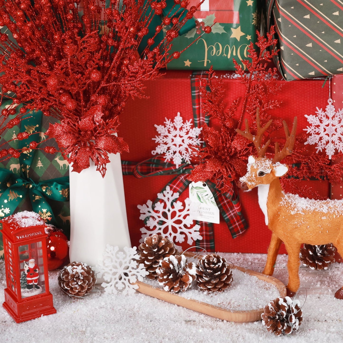Ayieyill 84Pcs Christmas Tree Decorations Flowers, Artificial Glitter Berry Stems Christmas Pine Cones, Snowflake Icicle Drop Crystal Ornaments