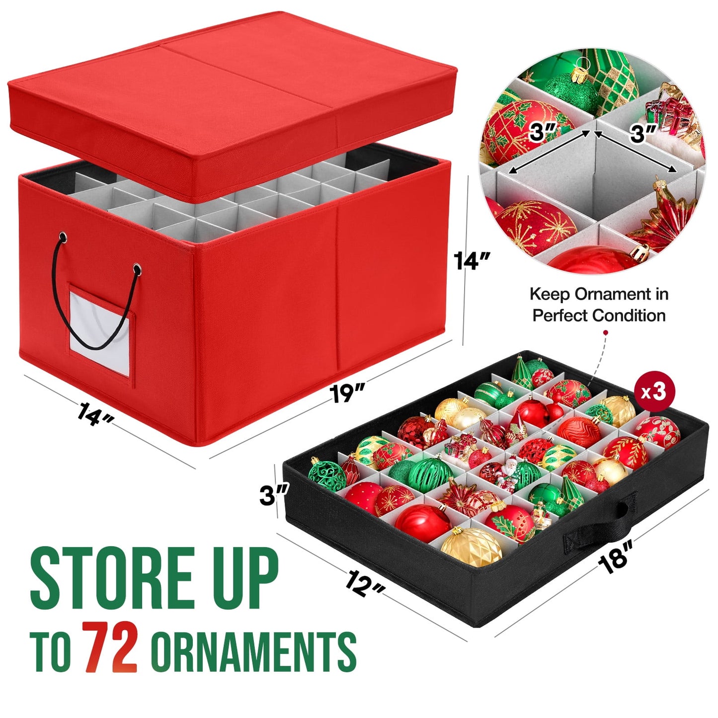 Ayieyill Premium Large Christmas Ornament Storage Box, Christmas Ornament Organizer, with Side Open, 3 Removable Trays - Keeps 72 Holiday Ornaments