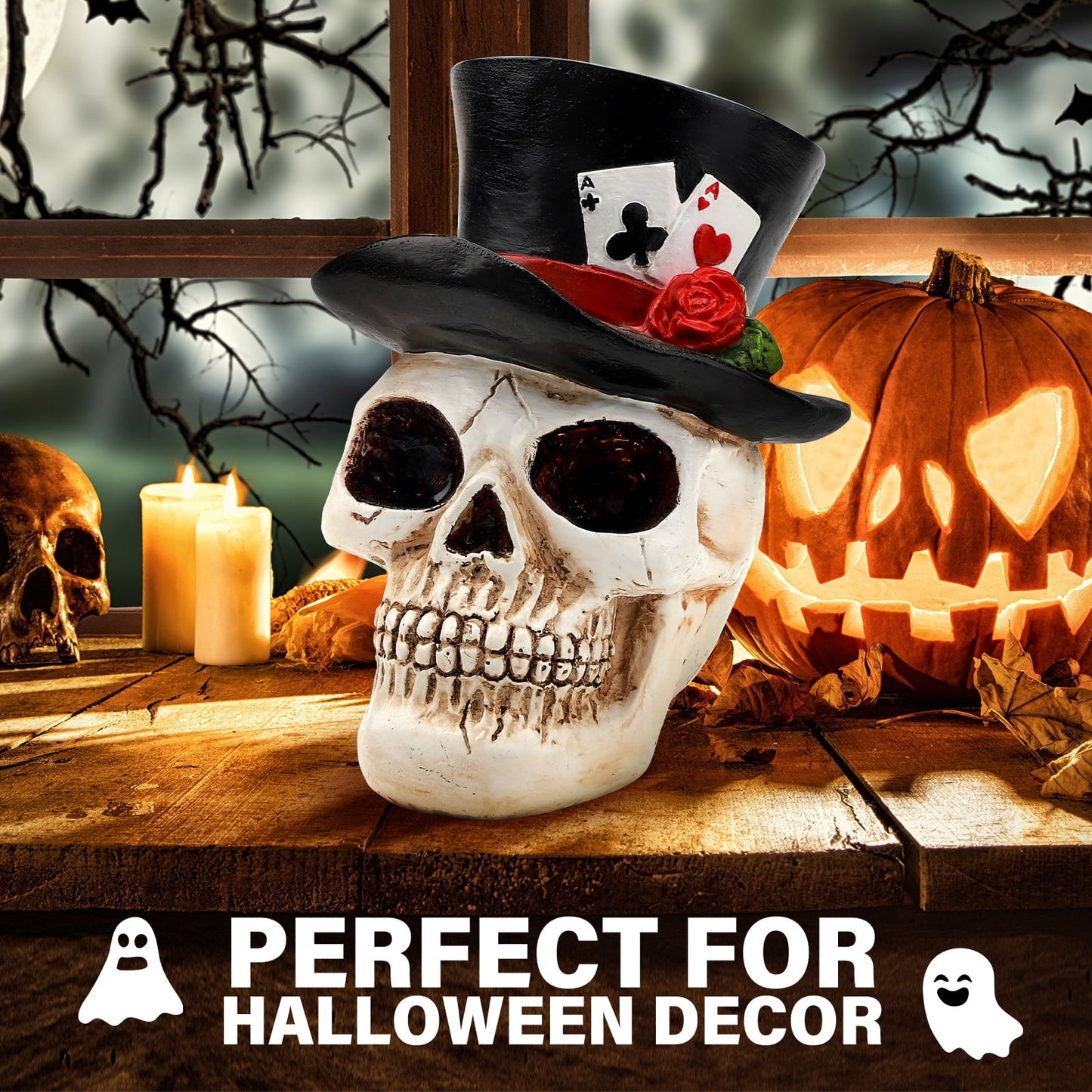 Ayieyill Halloween Skull Decorations Indoor, Gothic Decor Skull  with Top Hat Rose and Playing Cards, Resin Skull Head Decor