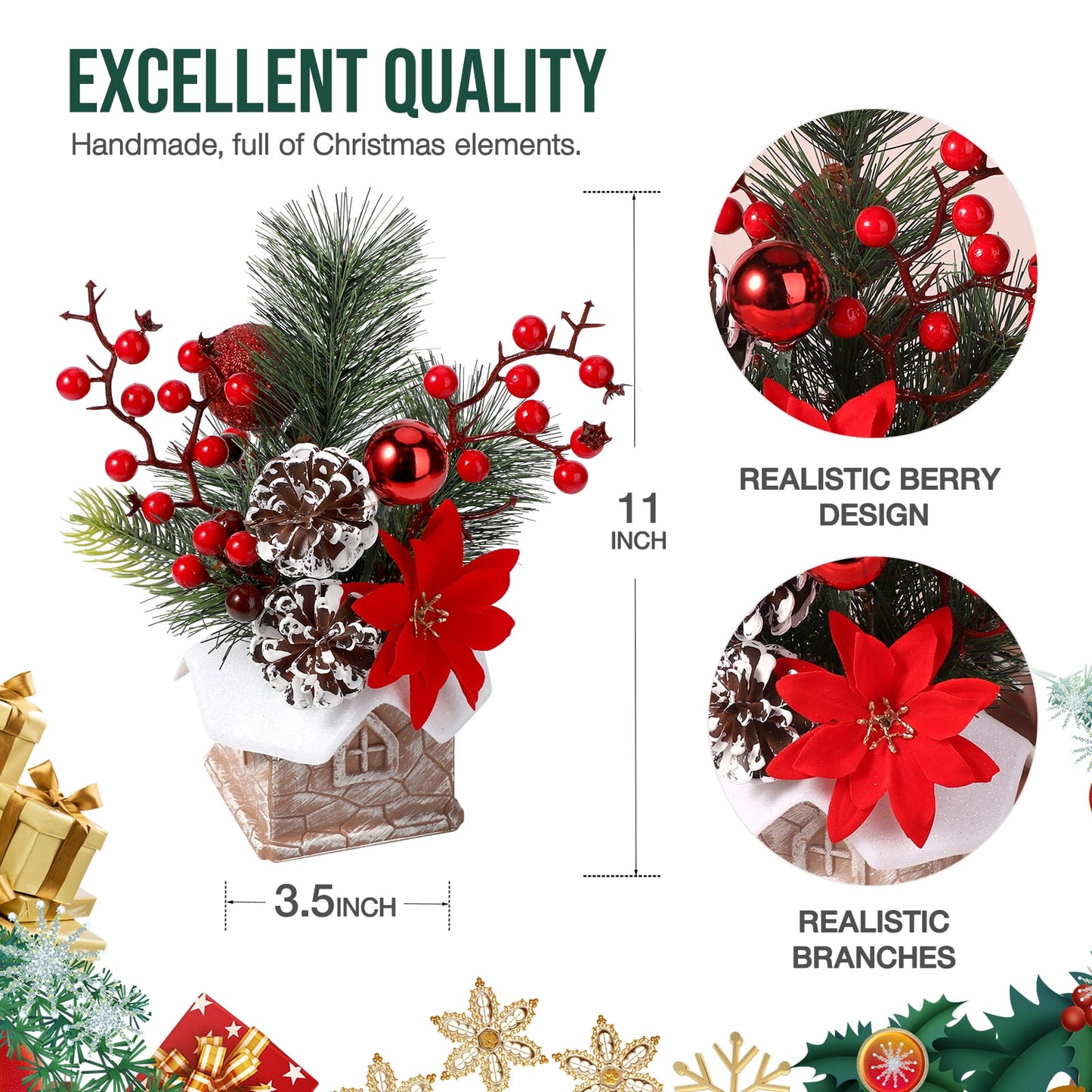 Ayieyill Small Christmas Tree, Artificial Mini Tabletop Christmas Tree Decorations with Christmas Ornaments