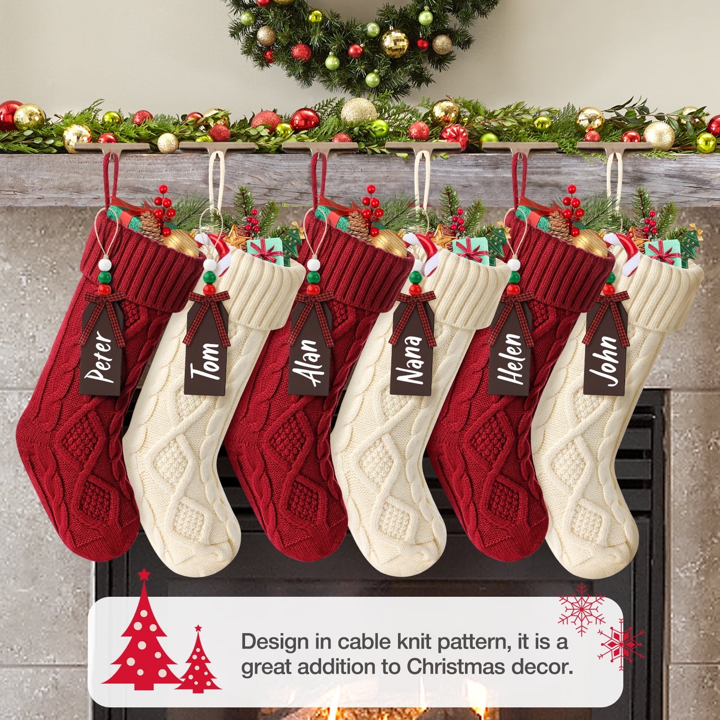 Ayieyill 6Pack Christmas Stockings, 17.7Inches Large Knitted Stocking Personalized Xmas Hanging Stocking Decorations with Name Leather Patches for Holiday Christmas Party Family Decor (Green Red)
