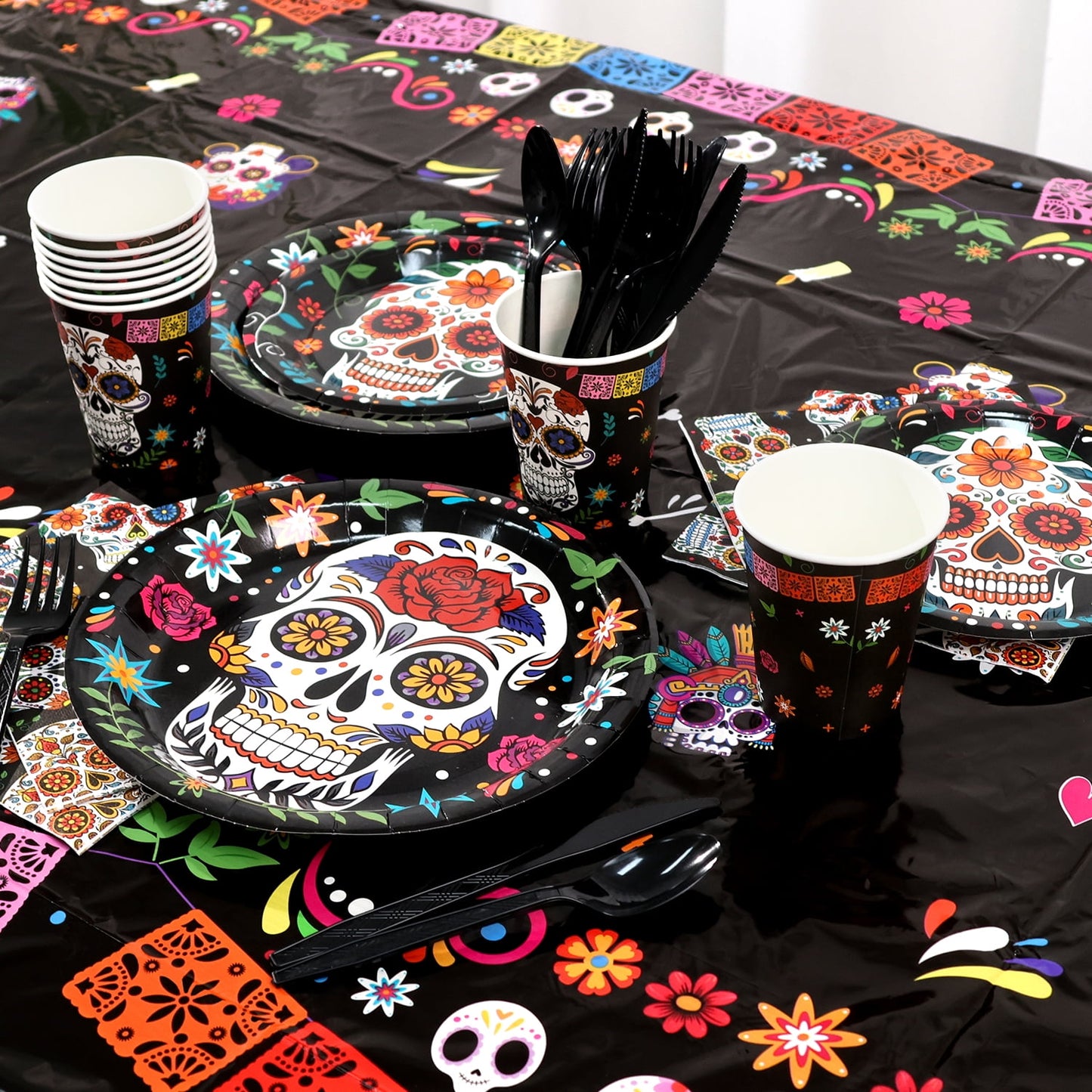 Ayieyill 170Pcs Day of the Dead Party Decorations Kit, Dia de los Party Supplies Set for 24 Guests, Includes Plates and Cups and Napkins Straws Sets