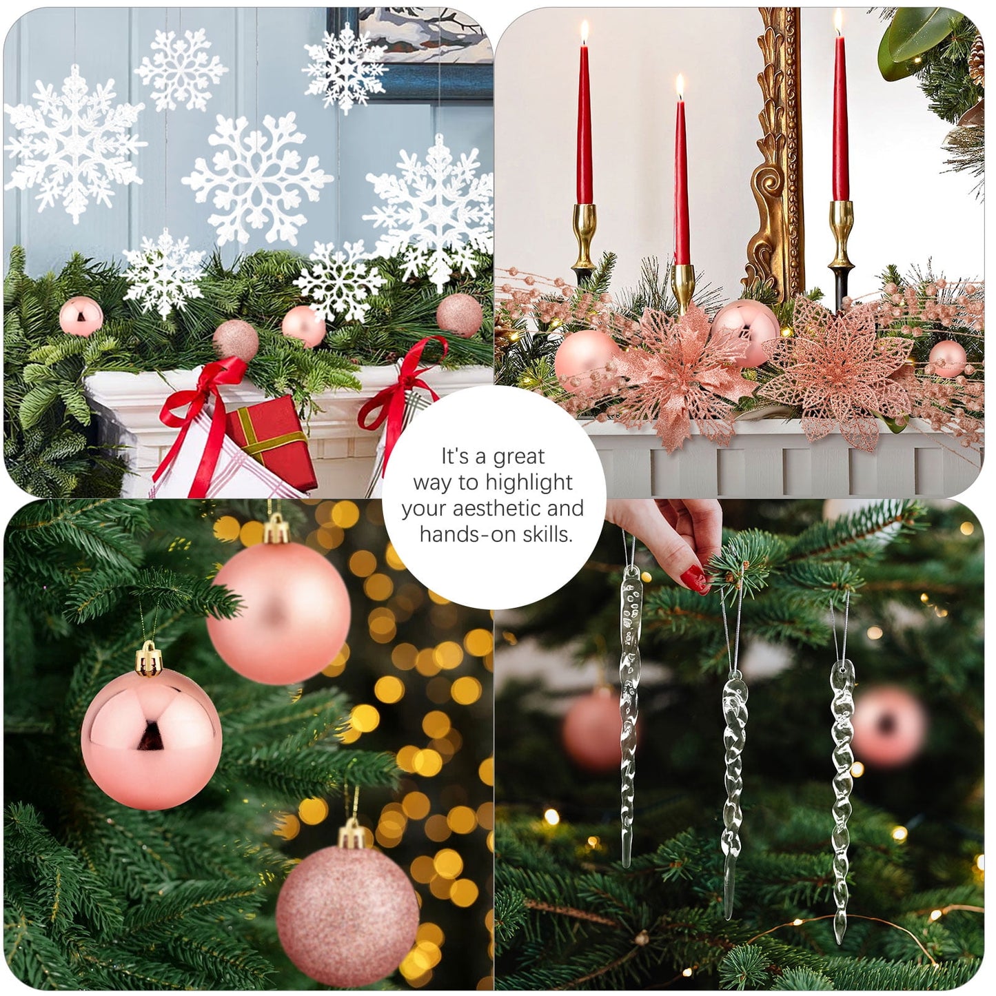 Ayieyill 92Pcs Christmas Tree Decorations Includes Poinsettia Christmas Flowers, Ball Ornaments, Artificial Glitter Berry Stems, Snowflake and Icicle Drop Crystal Ornaments